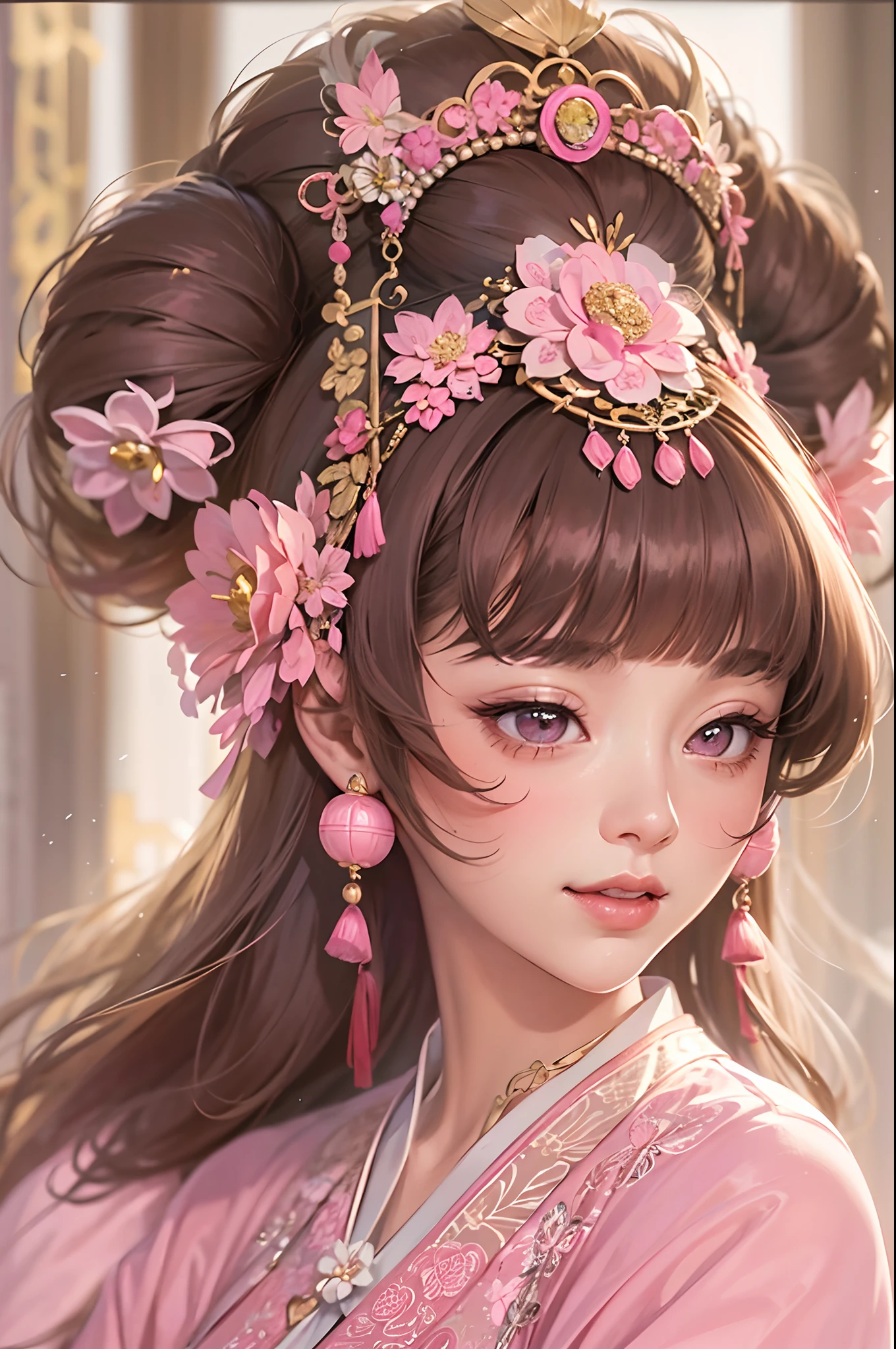 Masterpiece, Best quality, Waterfront, banquet, 1 woman, Mature woman, elegant, Chinese style, Ancient China, sister, Royal Sister, cheerfulness, Meatball heads, Light brown hair, Pink eyes, Gorgeous headdress, Light pink lips, Pink clothes, Yarn-like clothing, Intellectual, Full bangs, Flat bangs, Flower bulbs, Face delicate,updo