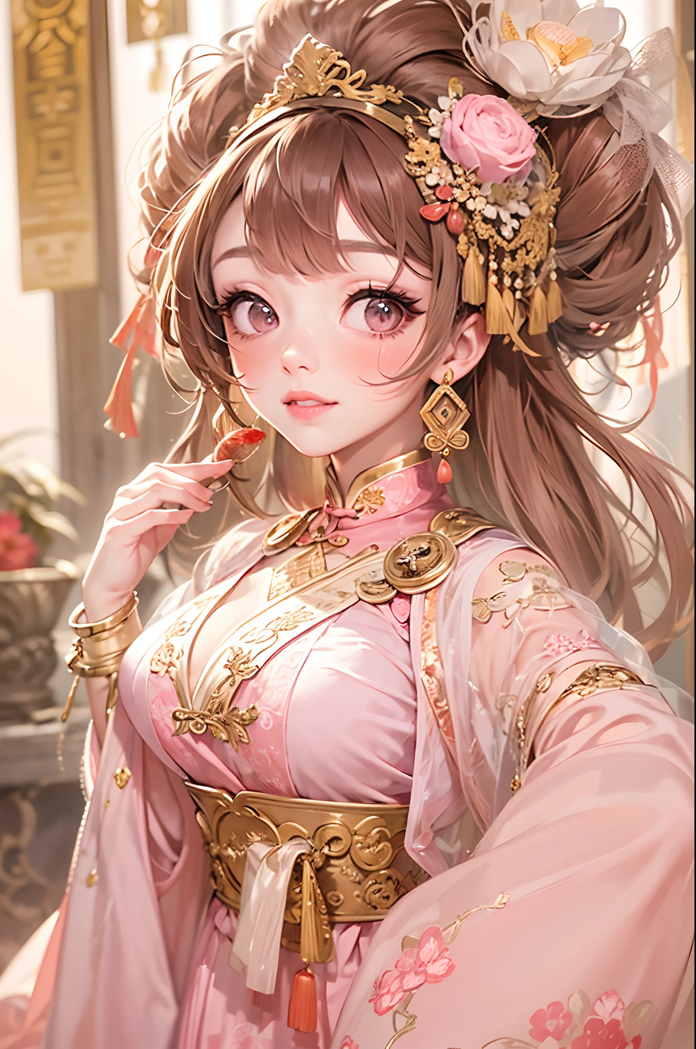 Masterpiece, Best quality, Waterfront, banquet, 1 woman, Mature woman, elegant, Chinese style, Ancient China, sister, Royal Sister, cheerfulness, Meatball heads, Light brown hair, Pink eyes, Gorgeous headdress, Light pink lips, Pink clothes, Yarn-like clothing, Intellectual, Full bangs, Flat bangs, Flower bulbs, Face delicate,updo