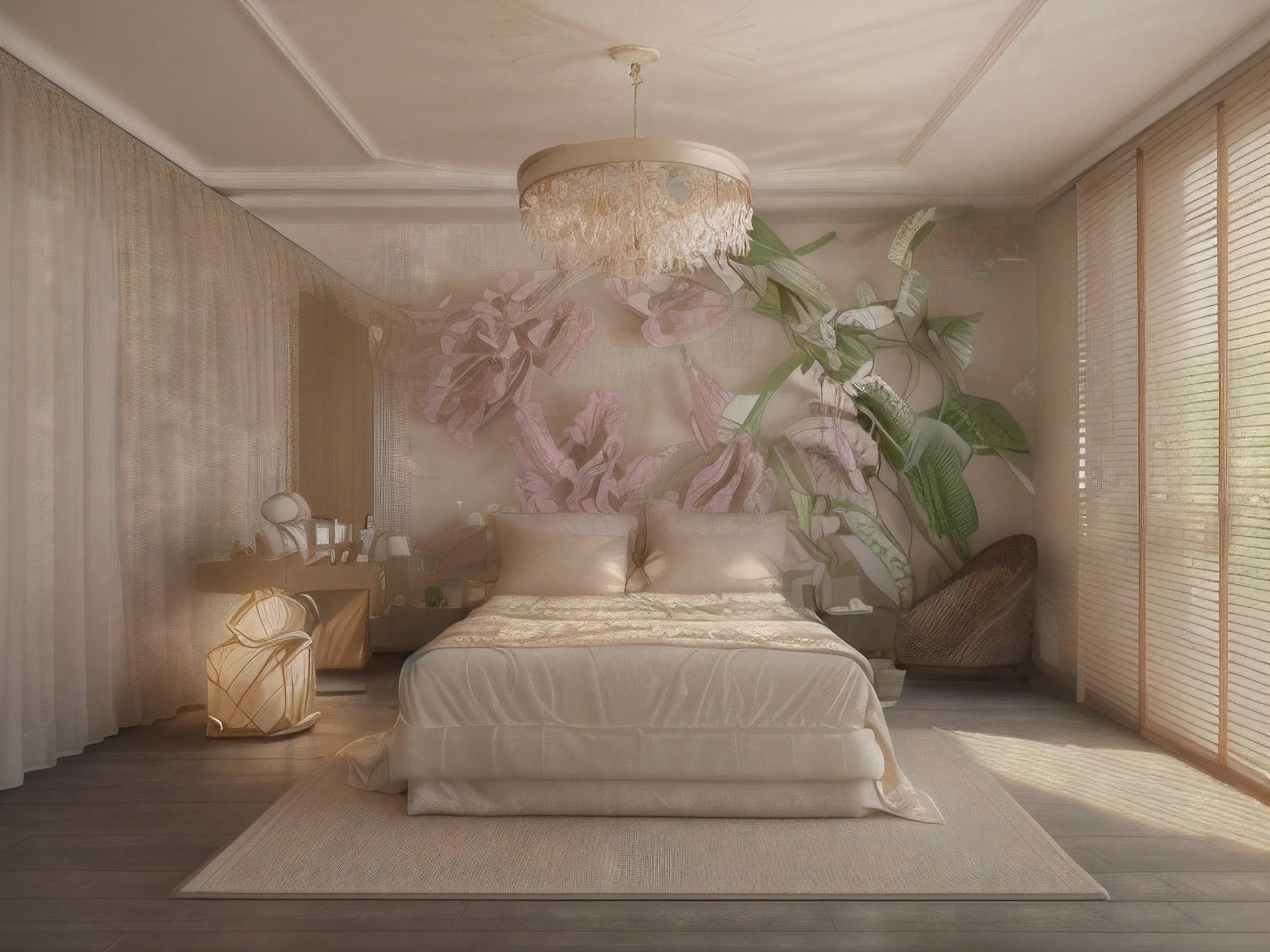 best quality, 4k, 8k, high resolution, masterpiece: 1.2), super detailed, (realistic, photo-realistic, photo-realistic: 1.37), pink bedroom, cozy, soft space commercial and inviting, pillows and duvets, wall art decoration, decorative flowers, modern furniture, dreamy atmosphere, delicate pastel colors, warm sunlight shining through the windows, relaxing environment and serenity, comfortable seating area, lush carpets, delicate curtains, cozy reading nook, peaceful and quiet setting, homely and welcoming, impeccable attention to detail , stylish and elegant, meticulously arranged interior, bright and airy, soft and gentle texture, luxurious and elegant, gently scented candles, dreamlike quality, harmonious colors and gentle, delicate shimmer and shine, serenity and tranquility, rustic and classic accents