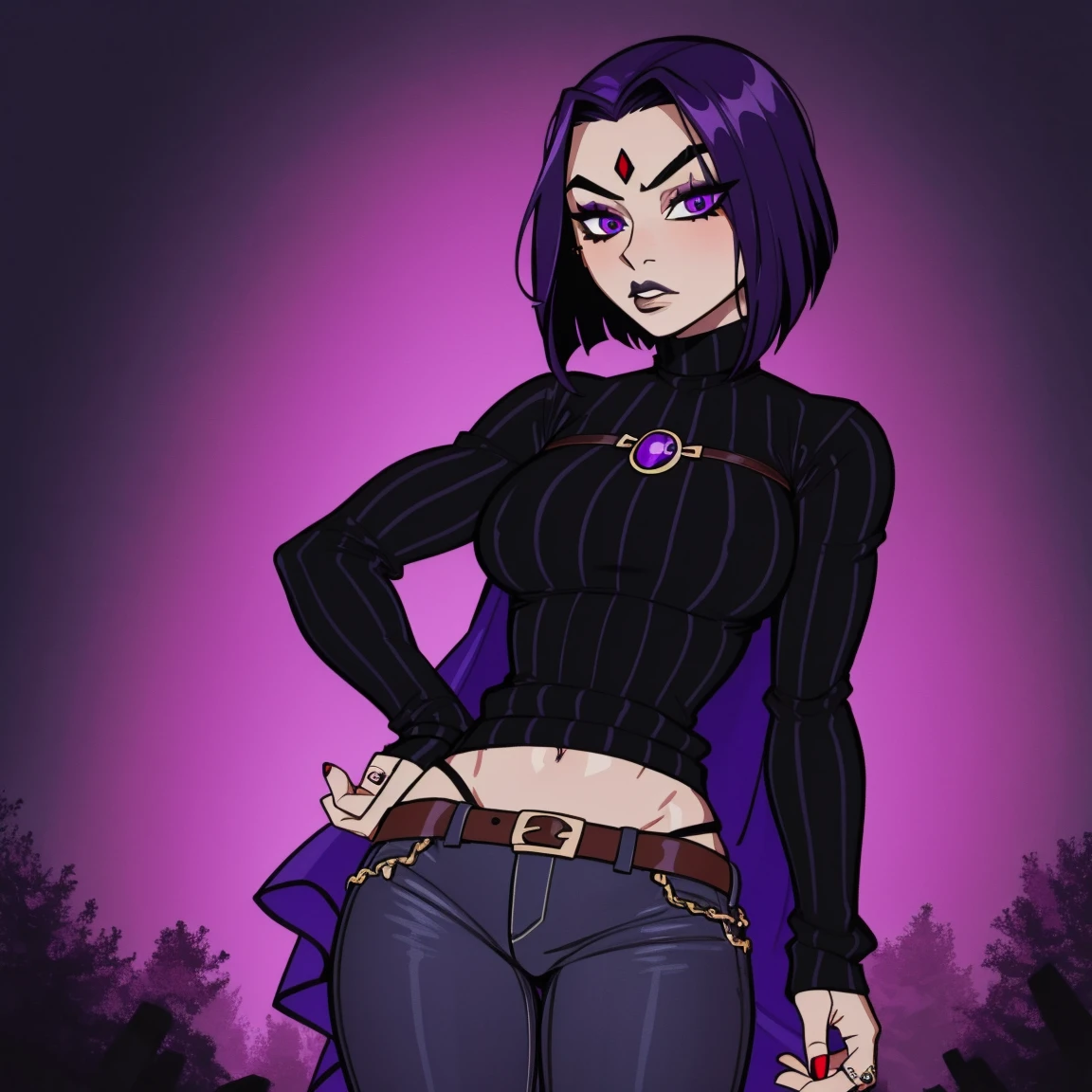 Raven, teen titans, purple sweater, jeans, jeans, jeans, nice ass, goth girl, autumn forest background, detailed, detailed, detailed, beautiful, detail, goth girl, masterpiece, purple clothes, red jewel centre head, dark night background, gothic, goth, goth, detailed, goth girl, piercings, detailed face, looking viewer, raven, (Dark eye shadow) dark eye shadow, black eye shadow, sweater, jumper, sweater, sweater