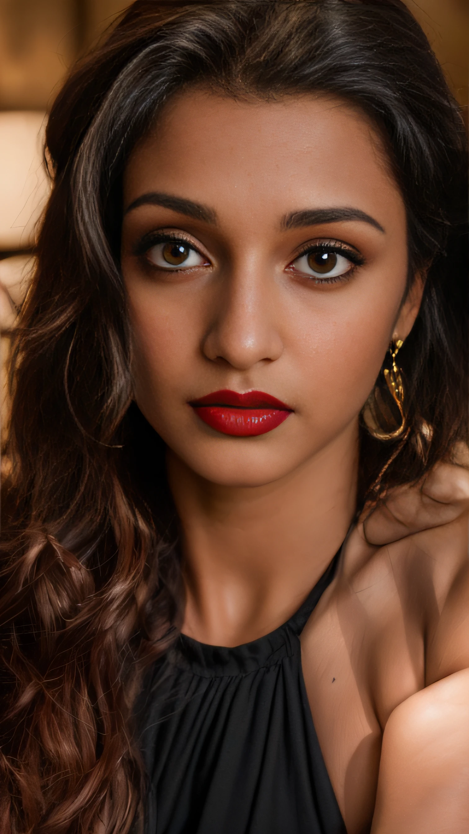 (editorial photograph of a young Indian woman with big boobs red lips)、karla ortiz, (highly detailed face:1.4) (smile:0.7) (backround 5 star hotel , moody, private study:1.3) POV, by lee jeffries, nikon d850, film stock photograph ,4 kodak portra 400 ,camera f1.6 lens ,rich colors ,hyper realistic ,lifelike texture, dramatic lighting , cinestill 800, realistic, wearing Black dobby weave self design fit & flare dress Sweetheart neck Short, puff sleeve Tie-up detail on back Above knee length in flounce hem Attached Lining Chiffon fabric, actress, karla ortiz, posing!!, candid picture, by Max Dauthendey