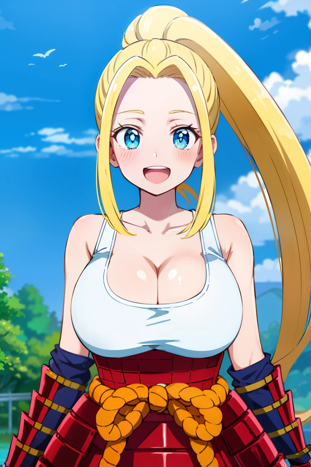 Best quality, high resolution, Sky, Upper body, (huge breasts:1.2), Beatrix Amerhauser, Long hair, blue eyes, blonde hair, Ponytail, Gloves, Fingerless Gloves, armor, Japanese armor, T-shirt , white tank top, cleavage, collarbone, blush, happy, smile, open mouth, looking at viewer, pose, large round breasts, wide thighs, wide hips,