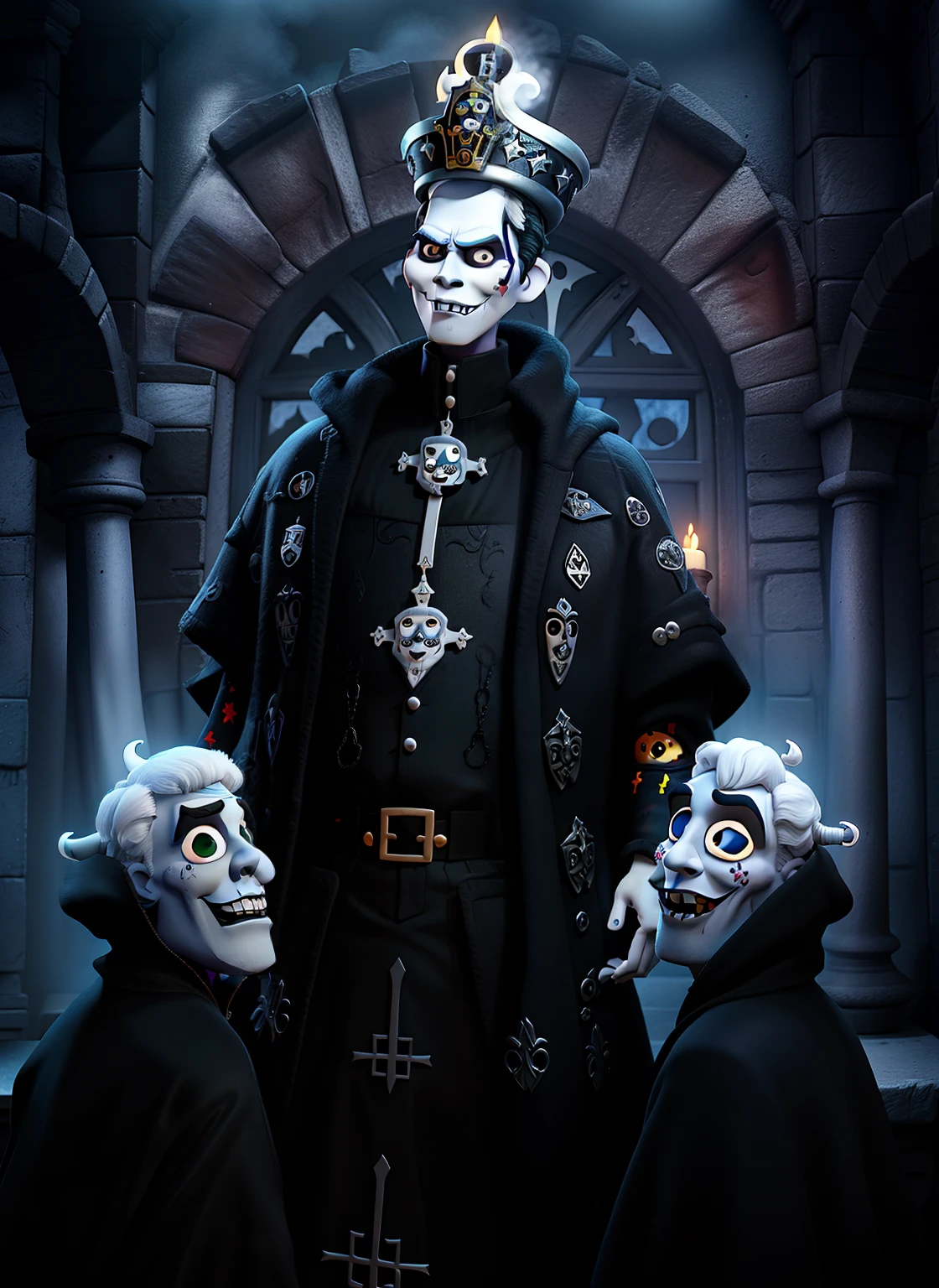 Papa Emeritus and his ghouls in pixar style