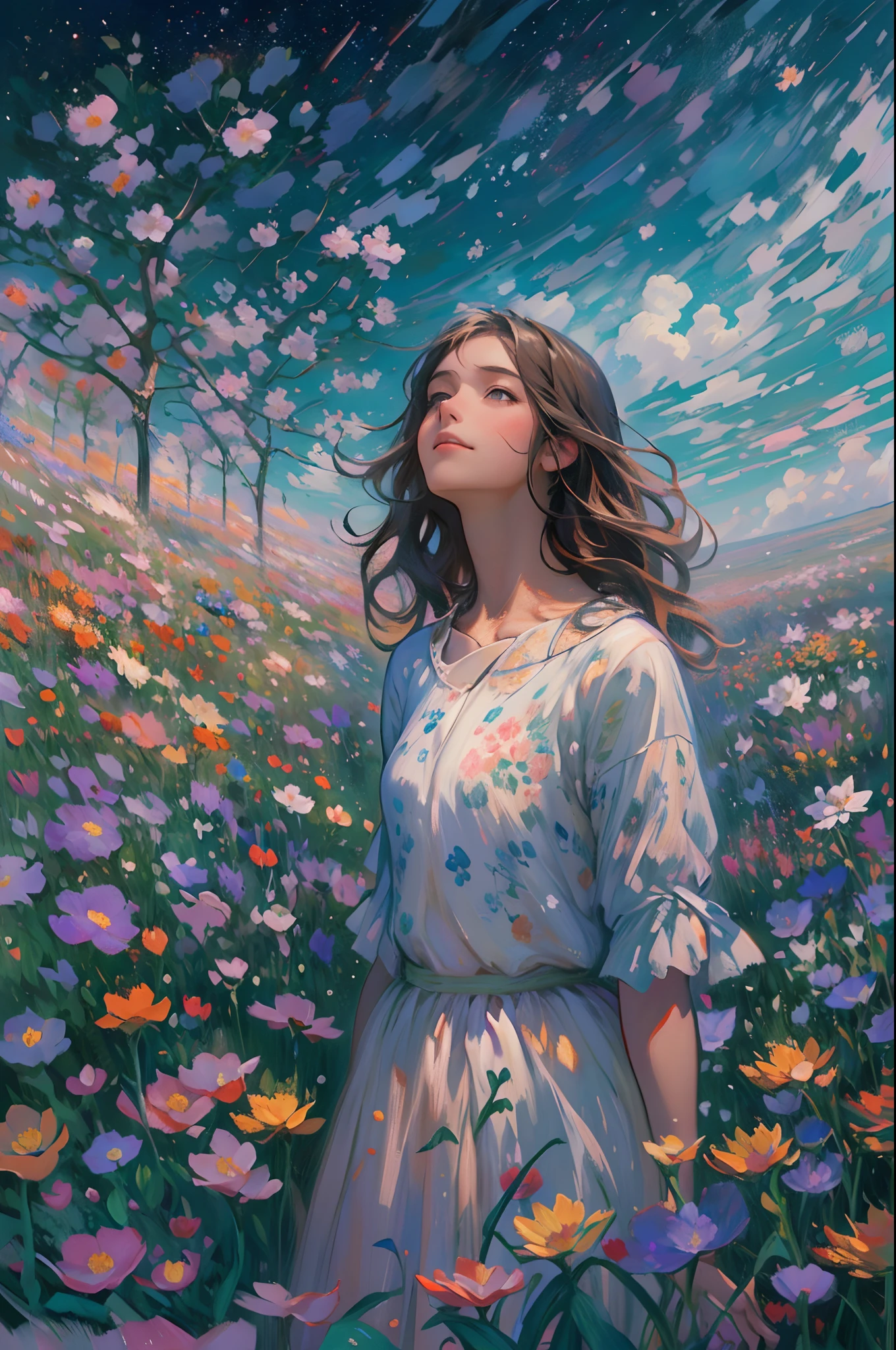 There is a girl standing in a flower field looking up at the sky, A girl standing in a flower field, A girl walks in a flower field, Get lost in a dreamy wonderland, standing in flower field, dreamlike digital painting, The sky is gradually clearing, The starry sky gradually receded，(Monet, Impresionismo, Oil painting), 02