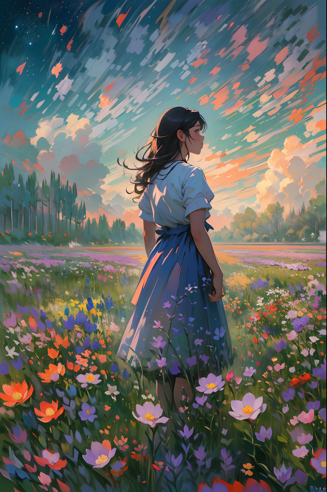 There is a girl standing in a flower field looking up at the sky, A girl standing in a flower field, A girl walks in a flower field, Get lost in a dreamy wonderland, standing in flower field, dreamlike digital painting, The sky is gradually clearing, The starry sky gradually receded,(Monet, Impresionismo, Oil painting), 02