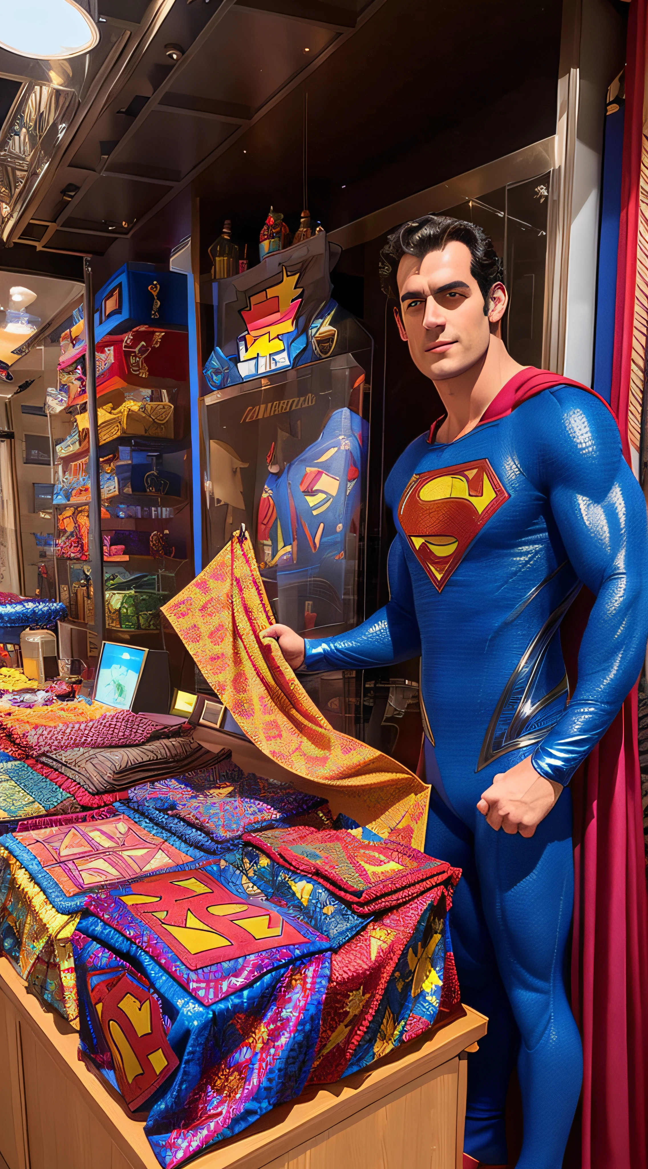 arafed man in superman costume standing next to a display of colorful fabrics, superman, superman costume, herry cavill, super buff and cool, superman pose, 🕹️ 😎 🔫 🤖 🚬, superman is high, superhero, posing like a superhero, selling his wares, by Daniel Schultz, super powers, stunning woman, handsome man, vibrant and powerful