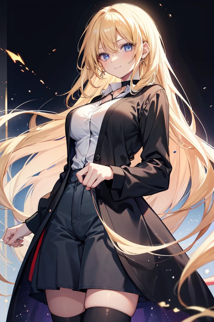 1girl, anime girl, golden hair, blue sapphire eyes, very long hair, perfect body, mature woman, mature look, mature appearance, mature body, big breasts, high quality, kind smile, serene expression, black cardigan, white shirt, black short jeans, long black stockings, black choker, masterpiece, 4k wallpaper