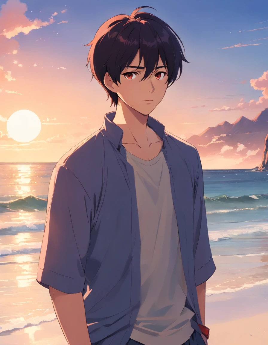 an attractive looking man, solo, masterpiece, black hair, short hair, dark red bangs, multicolored hair, hazel eyes, mature male, cinematic lighting, dramatic shadows, outside, beach, beach clothing,