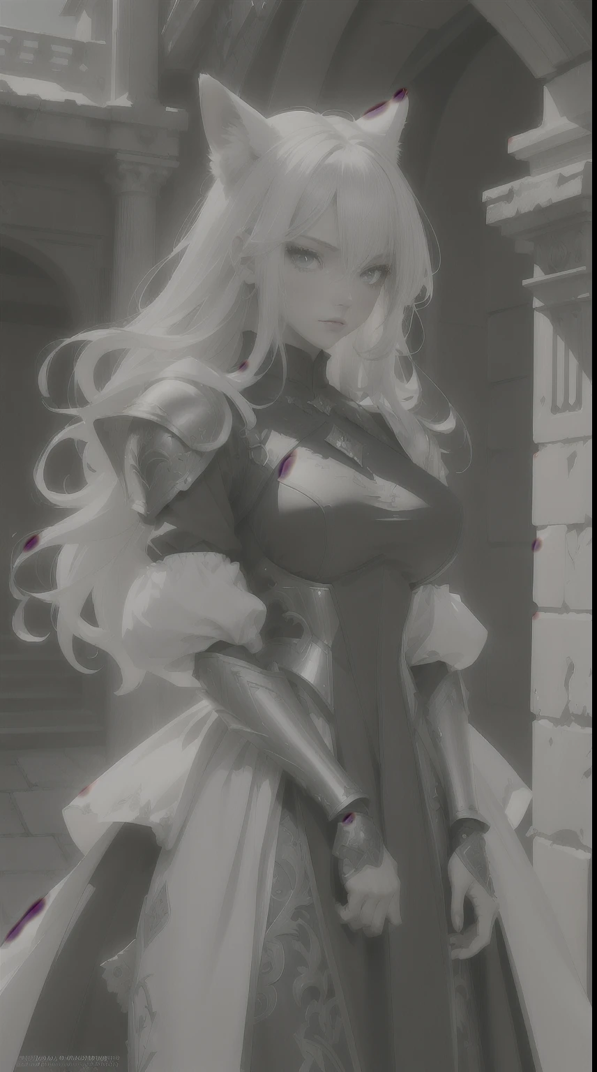 a beautiful fox woman medieval knight, (1fox Girl race), ((standing on a green hill)), with a clear sky in the background, Extremely cute fox race face, insanley detailed face and eyes, Perfect lips, very beautiful and feminine, big breast, white hair, (white blonde hair, Deep Blue Eyes:1.2), short hair, fluffy tail, fluffy fox ears human, a female medieval knight, wearing a black Victoria dress armor, full silver, Complex detailed gauntlets armor, Details of complex, globalillumination, Shadow, character edge light, dramatic, cinematic lighting, fine expression, fine detail, masterpiece, by Yusuke Murata.
