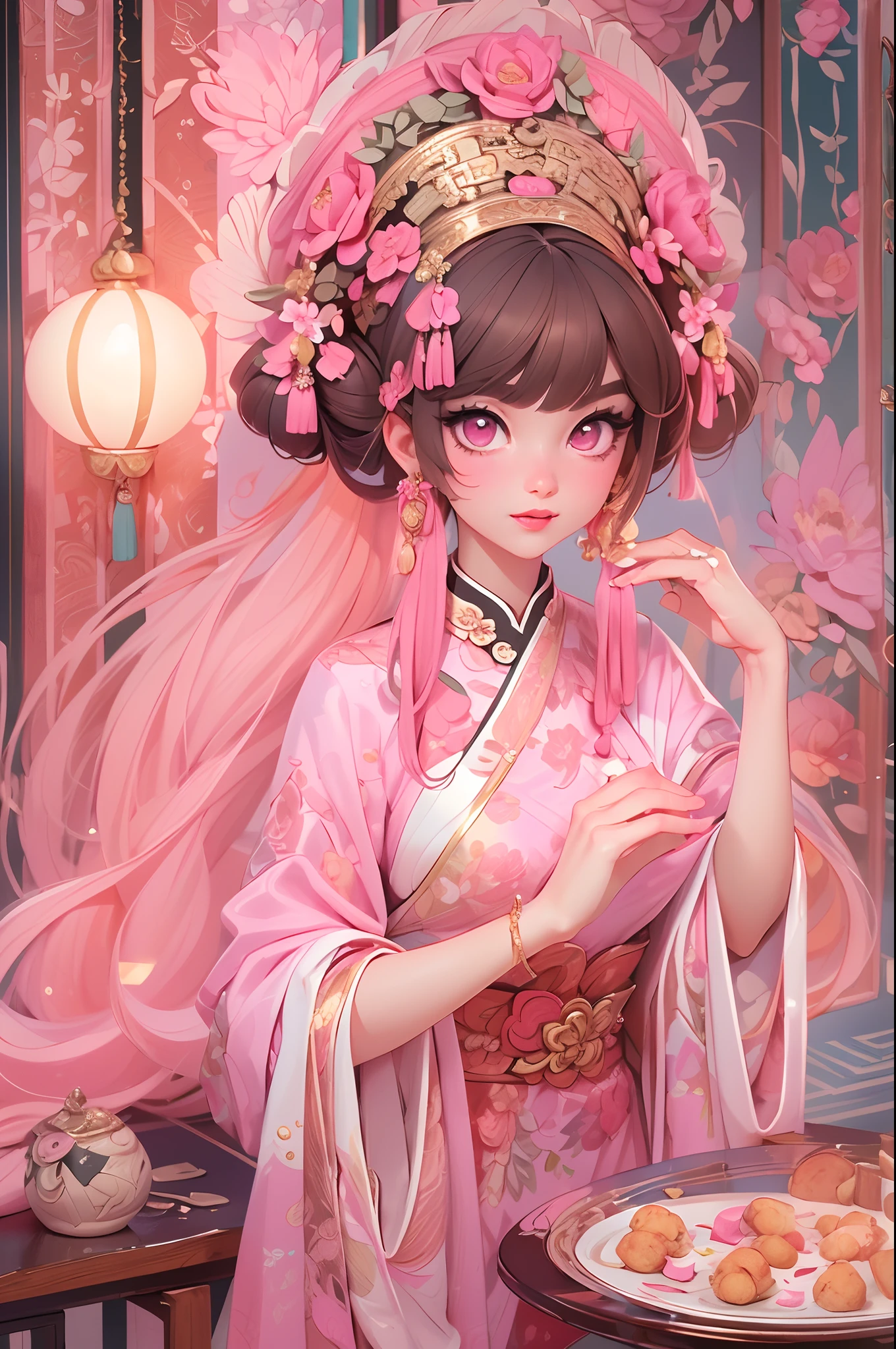 Masterpiece, Best quality, Waterfront, banquet, 1 woman, Mature woman, elegant, Chinese style, Ancient China, sister, Royal Sister, cheerfulness, Meatball heads, Light brown hair, Pink eyes, Gorgeous headdress, Light pink lips, Pink clothes, Yarn-like clothing, Intellectual, Full bangs, Flat bangs, Flower bulbs, Face delicate,updo