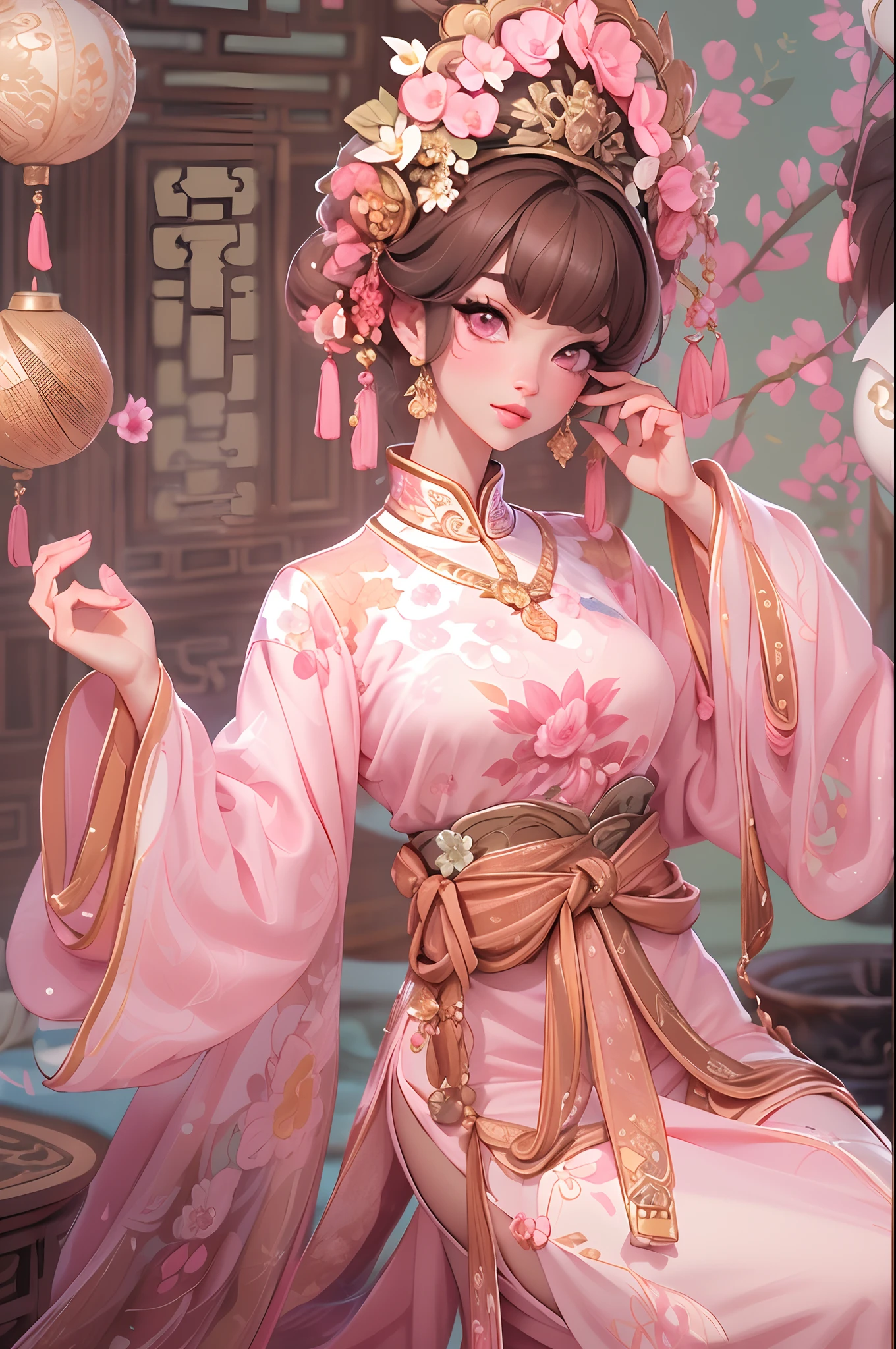 Masterpiece, Best quality, Waterfront, banquet, 1 woman, Mature woman, elegant, Chinese style, Ancient China, sister, Royal Sister, cheerfulness, Meatball heads, Light brown hair, Pink eyes, Gorgeous headdress, Light pink lips, Pink clothes, Yarn-like clothing, Intellectual, Full bangs, Flat bangs, Flower bulbs, Face delicate,updo