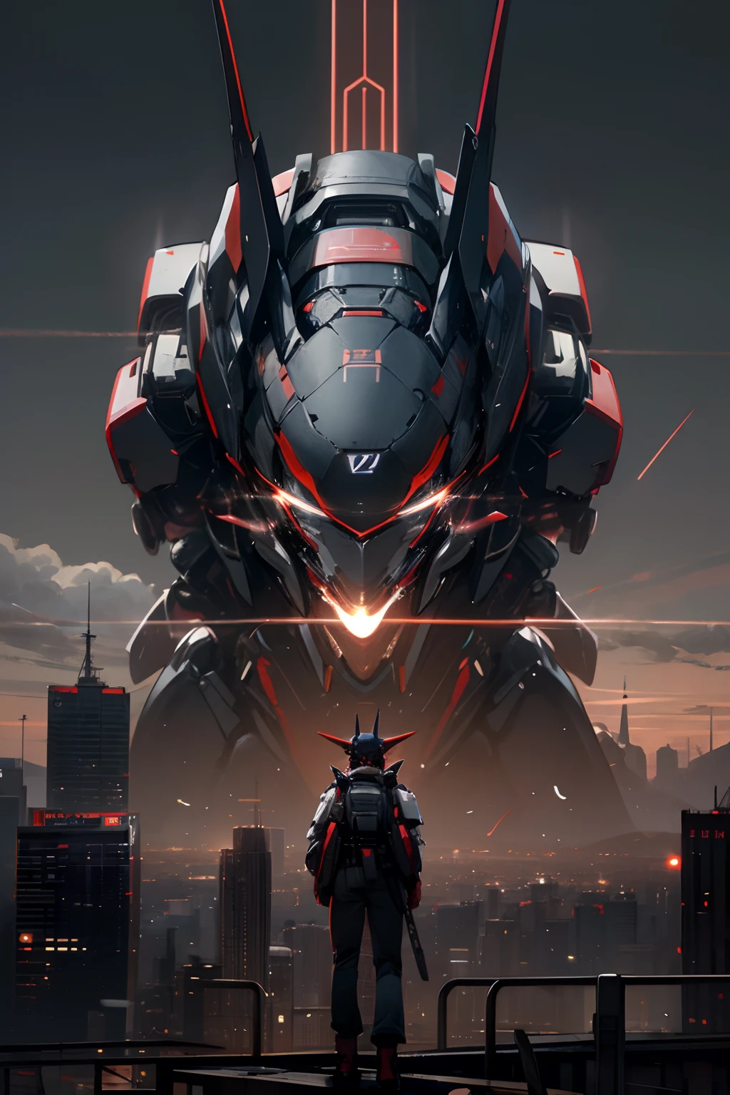 天空、云、holding_weapon,no_humans,SHINES、机器人、built、glowing_eyes,mechs、sience_fiction,Towering over the city、realisitic、Carbon black and red coloring、Matte finish、Lenovo's ThinkPad,ThinkPad _X1_carbon,Lenovo,Giant Mecha、Faraway view