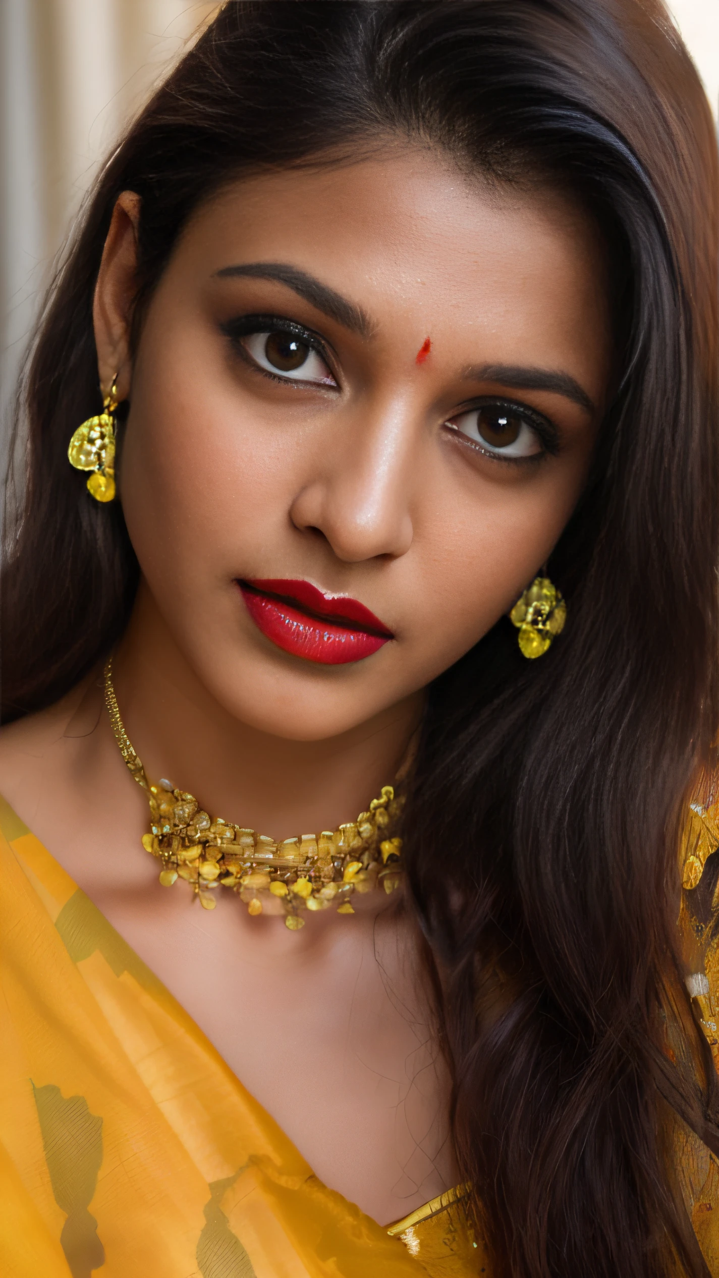 (editorial photograph of a young Indian woman with big boobs red lips)、(((yellow lime sari)))、karla ortiz, (highly detailed face:1.4) (smile:0.7) (backround 5 star hotel , moody, private study:1.3) POV, by lee jeffries, nikon d850, film stock photograph ,4 kodak portra 400 ,camera f1.6 lens ,rich colors ,hyper realistic ,lifelike texture, dramatic lighting , cinestill 800, realistic, wearing Black dobby weave self design fit & flare dress Sweetheart neck Short, puff sleeve Tie-up detail on back Above knee length in flounce hem Attached Lining Chiffon fabric, actress, karla ortiz, posing!!, candid picture, by Max Dauthendey