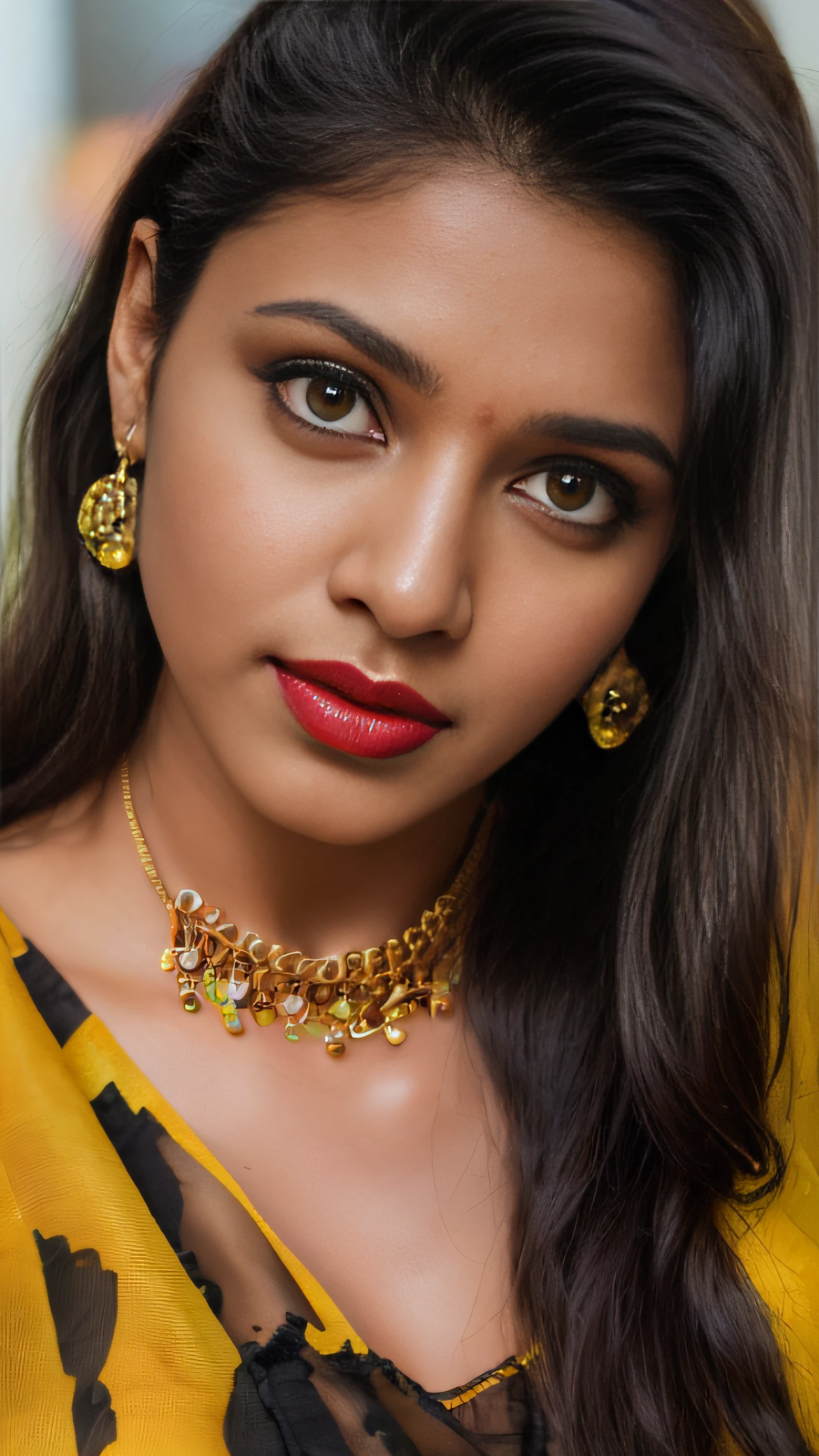 (editorial photograph of a young Indian woman with big boobs red lips)、(((yellow lime sari)))、karla ortiz, (highly detailed face:1.4) (smile:0.7) (backround 5 star hotel , moody, private study:1.3) POV, by lee jeffries, nikon d850, film stock photograph ,4 kodak portra 400 ,camera f1.6 lens ,rich colors ,hyper realistic ,lifelike texture, dramatic lighting , cinestill 800, realistic, wearing Black dobby weave self design fit & flare dress Sweetheart neck Short, puff sleeve Tie-up detail on back Above knee length in flounce hem Attached Lining Chiffon fabric, actress, karla ortiz, posing!!, candid picture, by Max Dauthendey