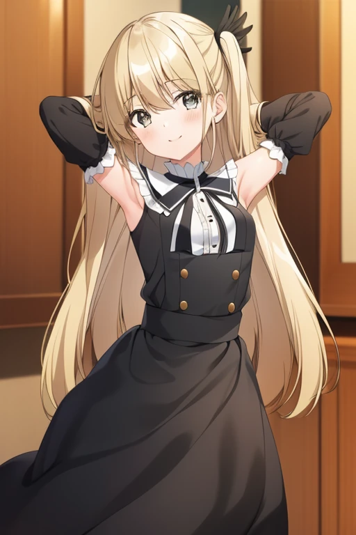 (masterpiece), (best quality), erna, 1girl, solo, looking at viewer, open mouth, skirt, long sleeves, dress, ribbon, hair between eyes, upper body, hair ribbon, cowboy shot, frills, black skirt, black dress, black ribbon, neck ribbon, capelet, buttons, frilled sleeves, white ribbon, high-waist skirt, arms behind head, black capelet, contrapposto, spread armpit, smile,