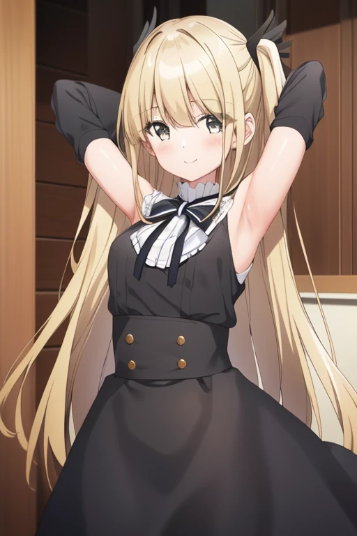 (masterpiece), (best quality), erna, 1girl, solo, looking at viewer, open mouth, skirt, long sleeves, dress, ribbon, hair between eyes, upper body, hair ribbon, cowboy shot, frills, black skirt, black dress, black ribbon, neck ribbon, capelet, buttons, frilled sleeves, white ribbon, high-waist skirt, arms behind head, black capelet, contrapposto, spread armpit, smile,