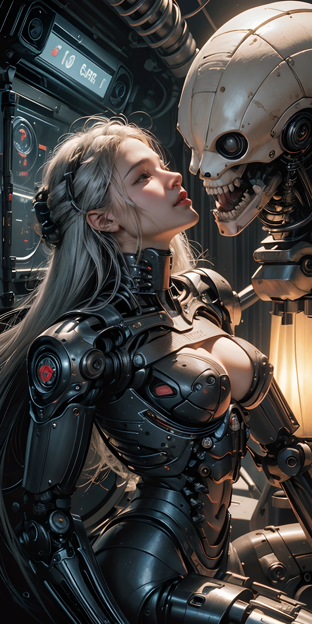 ((, La mejor calidad, 8k, Obra maestra :1.3)), todo el cuerpo, robot (((Obra maestra))), ((La mejor calidad)), (Ultra detallado), (cg illustration), (Un extremadamente tortuoso y hermoso)), cinematiclight, ((1 mechanical girl)), soltero, (Life Made by Machine), ((mechanical limbs)), ((Mechanical cervical vertebrae attached to the neck), (serio), inexpresivo, (Alambres y cables unidos a la cabeza y al cuerpo: 1.5), (Enfoque del personaje), Science-Fiction, El fin de los tiempos.,white hair ,big tits,cyberpunk,retrofuturistic,neon lights,yoga pose