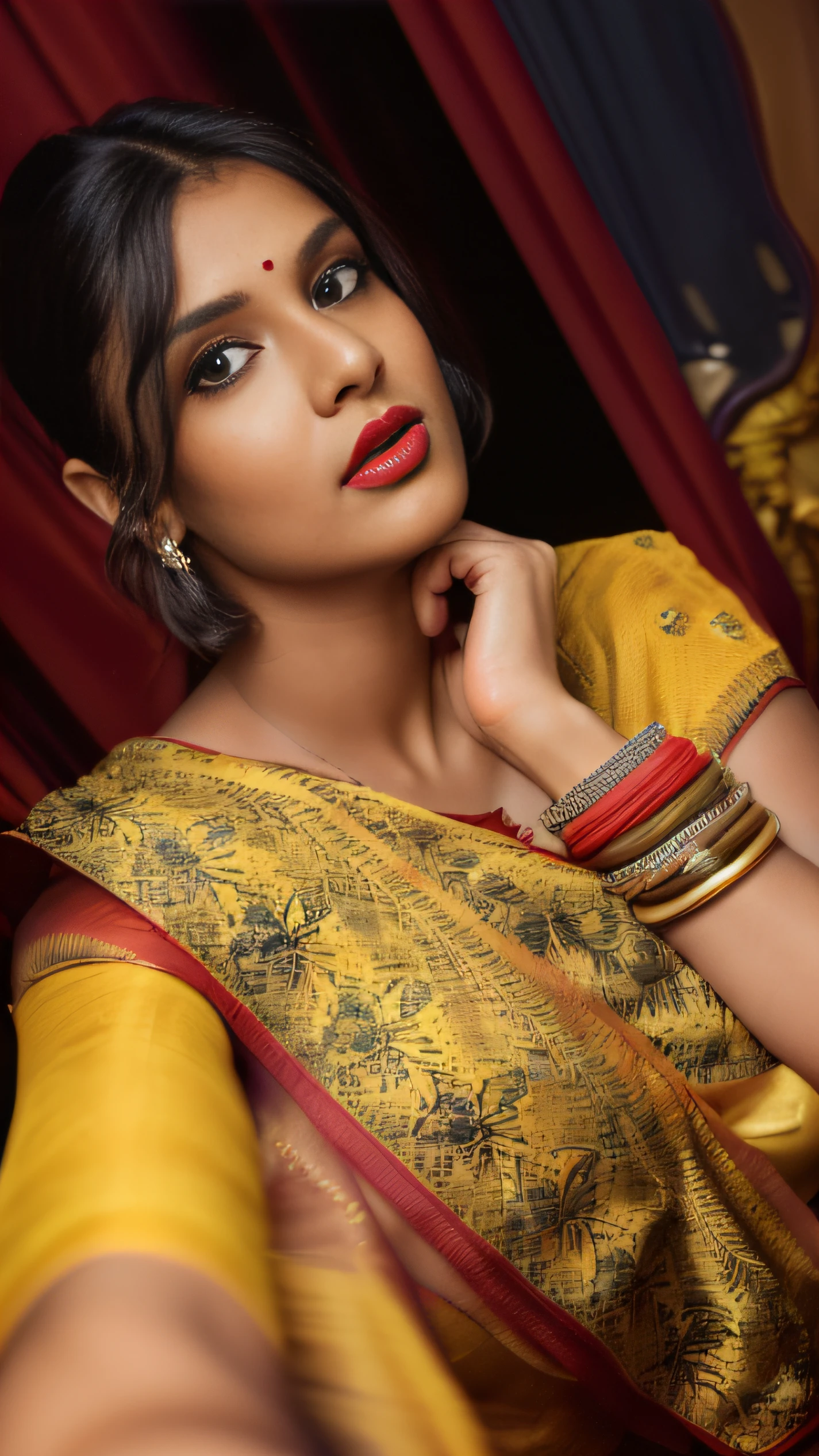 (editorial photograph of a young Indian woman with big boobs red lips)、(((yellow lime sari)))、karla ortiz, (highly detailed face:1.4) (smile:0.7) (backround 5 star hotel , moody, private study:1.3) POV, by lee jeffries, nikon d850, film stock photograph ,4 kodak portra 400 ,camera f1.6 lens ,rich colors ,hyper realistic ,lifelike texture, dramatic lighting , cinestill 800, realistic, wearing Black dobby weave self design fit & flare dress Sweetheart neck Short, puff sleeve Tie-up detail on back Above knee length in flounce hem Attached Lining Chiffon fabric, actress, karla ortiz, posing!!, candid picture, by Max Dauthendey