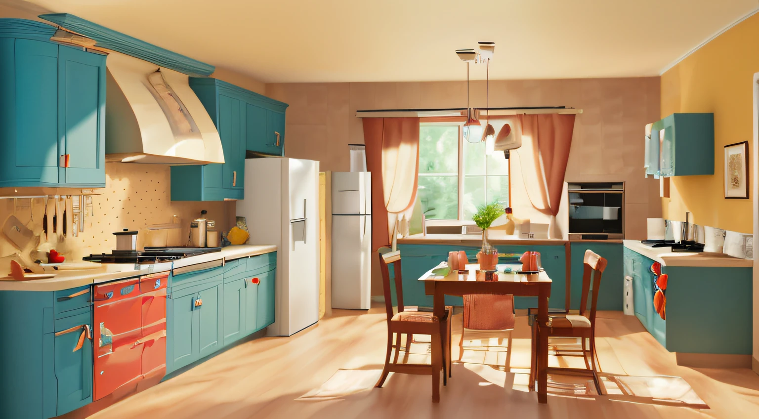 There is a kitchen with a stove, a refrigerator and a table with three chairs, tidy kitchen, beautiful detailed digital art, kitchen background, lovely digital painting