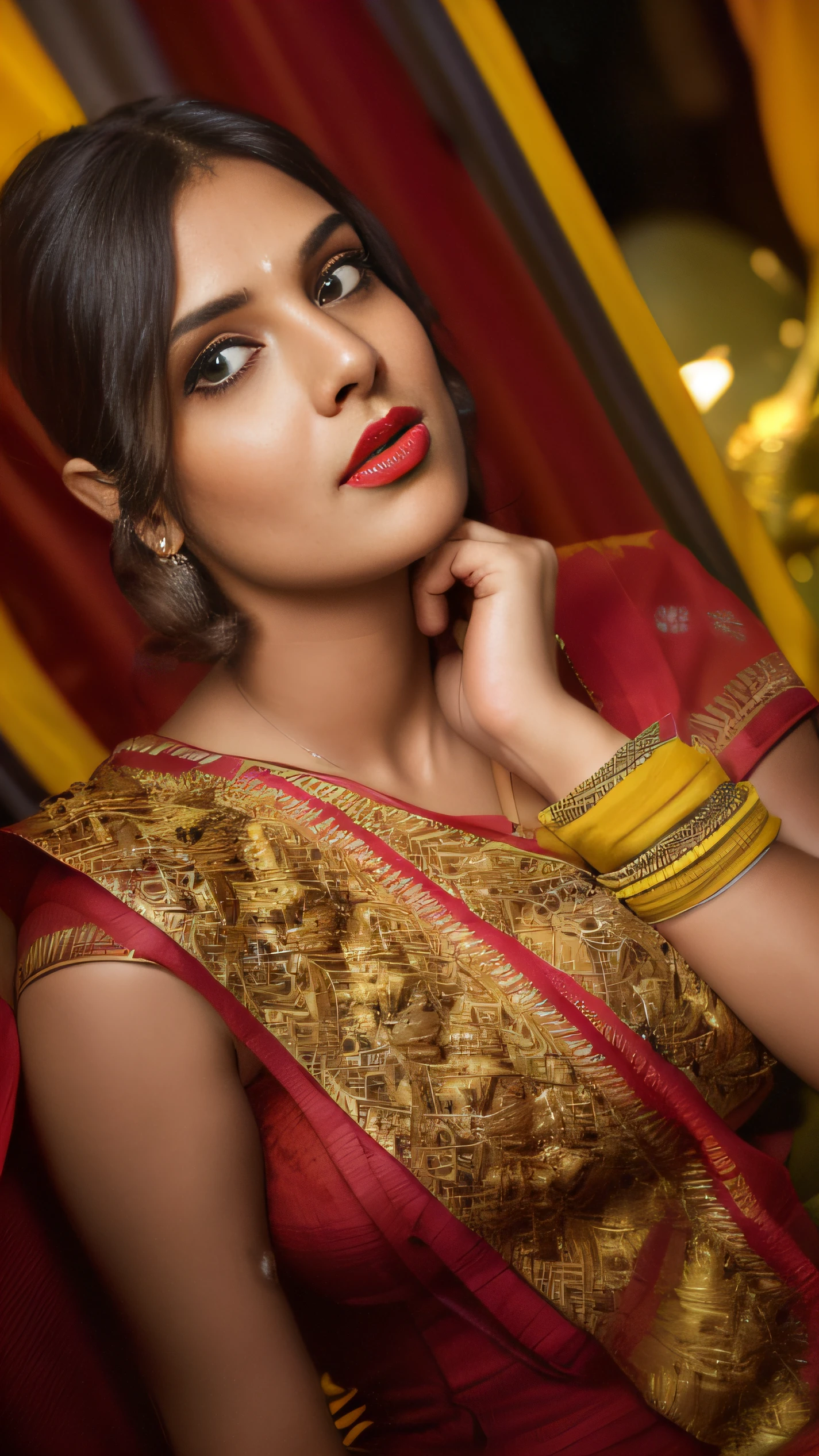 (editorial photograph of a young Indian woman with big boobs red lips)、(((yellow lime sari)))、karla ortiz, (highly detailed face:1.4) (smile:0.7) (backround 5 star hotel , moody, private study:1.3) POV, by lee jeffries, nikon d850, film stock photograph ,4 kodak portra 400 ,camera f1.6 lens ,rich colors ,hyper realistic ,lifelike texture, dramatic lighting , cinestill 800, realistic, wearing Black dobby weave self design fit & flare dress Sweetheart neck Short, puff sleeve Tie-up detail on back Above knee length in flounce hem Attached Lining Chiffon fabric, actress, karla ortiz, posing!!, candid picture, by Max Dauthendey