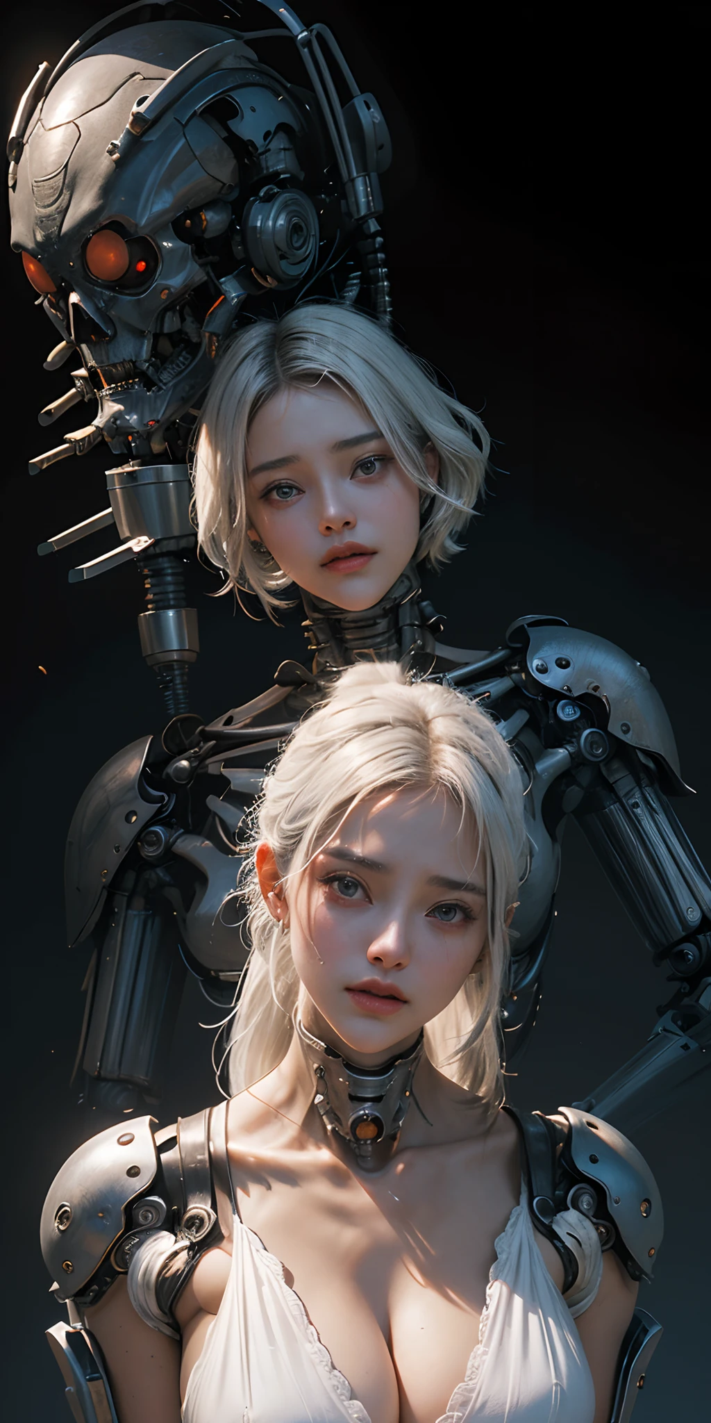 ((, La mejor calidad, 8k, Obra maestra :1.3)), todo el cuerpo, robot (((Obra maestra))), ((La mejor calidad)), (Ultra detallado), (cg illustration), (Un extremadamente tortuoso y hermoso)), cinematiclight, ((1 mechanical girl)), soltero, (Life Made by Machine), ((mechanical limbs)), ((Mechanical cervical vertebrae attached to the neck), (serio), inexpresivo, (Alambres y cables unidos a la cabeza y al cuerpo: 1.5), (Enfoque del personaje), Science-Fiction, El fin de los tiempos.,white hair ,big tits,cyberpunk,retrofuturistic,neon lights,yoga pose