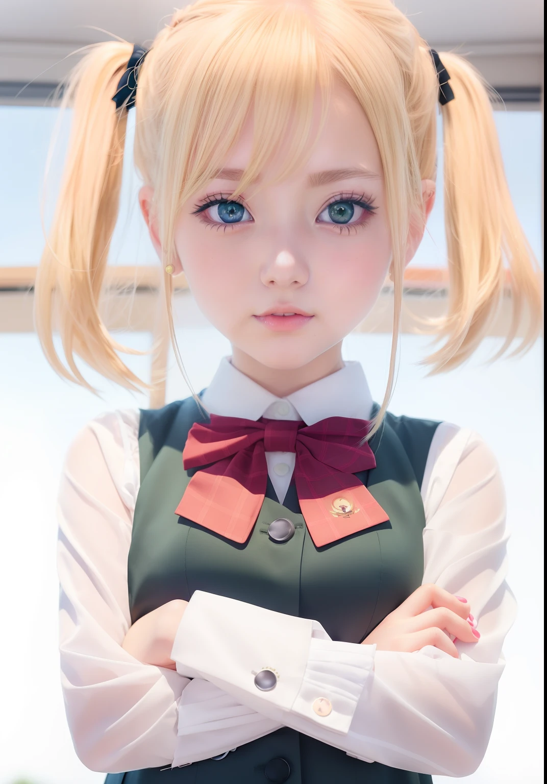 anime girl with blonde hair and green eyes wearing a school uniform, anime moe artstyle, anime visual of a cute girl, kawaii realistic portrait, shikamimi, an anime girl, cute anime face, cute anime girl, gapmoe yandere, cute anime girl portraits, portrait of an anime girl, cute anime girl portrait, anime waifu, young anime girl