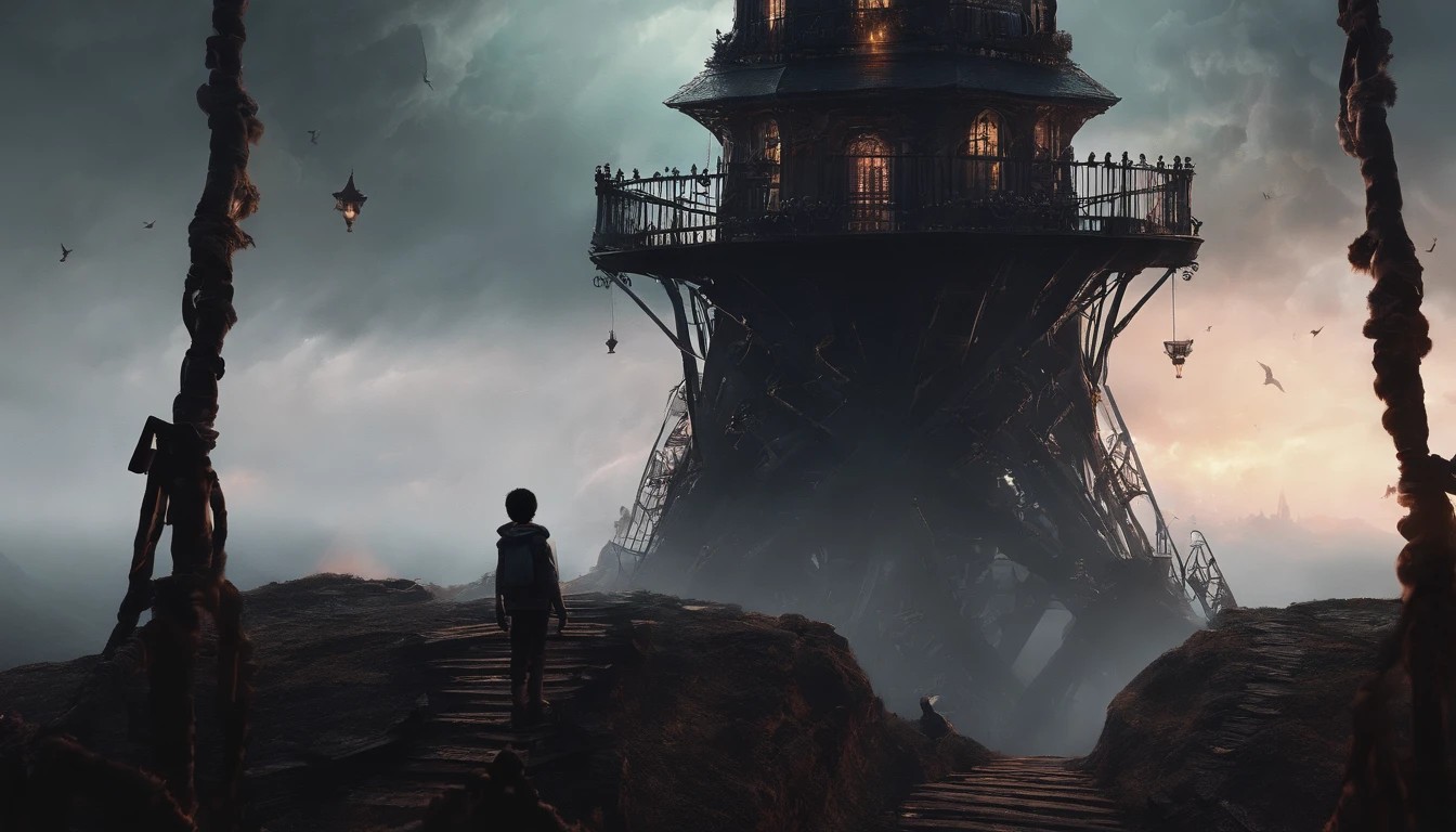(best quality,4k,8k,highres,masterpiece:1.2),ultra-detailed,(realistic,photorealistic,photo-realistic:1.37), boy standing on the very top of a tall and narrow iron tower, no way down, tower swaying left and right, terrifying, on his own, detailed tower structure, dark and looming sky, intense fear in the boy's eyes, trembling hands, realistic depiction of the tower's height and thinness, strong winds blowing, no other living souls around, vast emptiness, spiraling staircase leading up to the top, iron rust and decay, eerie silence, extreme heights provoking vertigo, almost supernatural thinness of the tower, dense fog obscuring the view, chilling atmosphere, the impending sense of danger, heart pounding in the boy's chest.