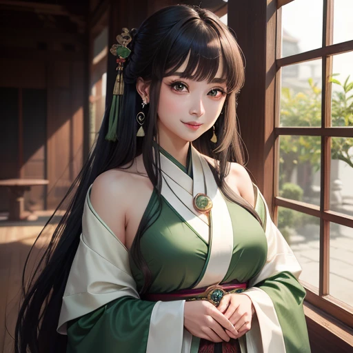(High detail, super quality, high resolution, 8k), (mature female, long hair, big eyes, earrings, necklace), (wearing dark green Hanfu: 1.2) Smile: 1.2, Palace: 1.2, natural soft light