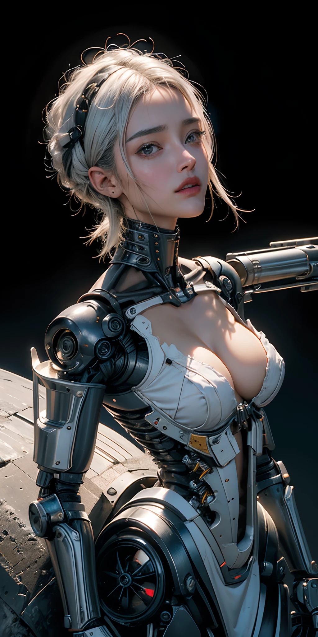 ((, La mejor calidad, 8k, Obra maestra :1.3)), todo el cuerpo, robot (((Obra maestra))), ((La mejor calidad)), (Ultra detallado), (cg illustration), (Un extremadamente tortuoso y hermoso)), cinematiclight, ((1 mechanical girl)), soltero, (Life Made by Machine), ((mechanical limbs)), ((Mechanical cervical vertebrae attached to the neck), (serio), inexpresivo, (Alambres y cables unidos a la cabeza y al cuerpo: 1.5), (Enfoque del personaje), Science-Fiction, El fin de los tiempos.white hair, big tits,luces de neon al estilo synthwave retrofuturista