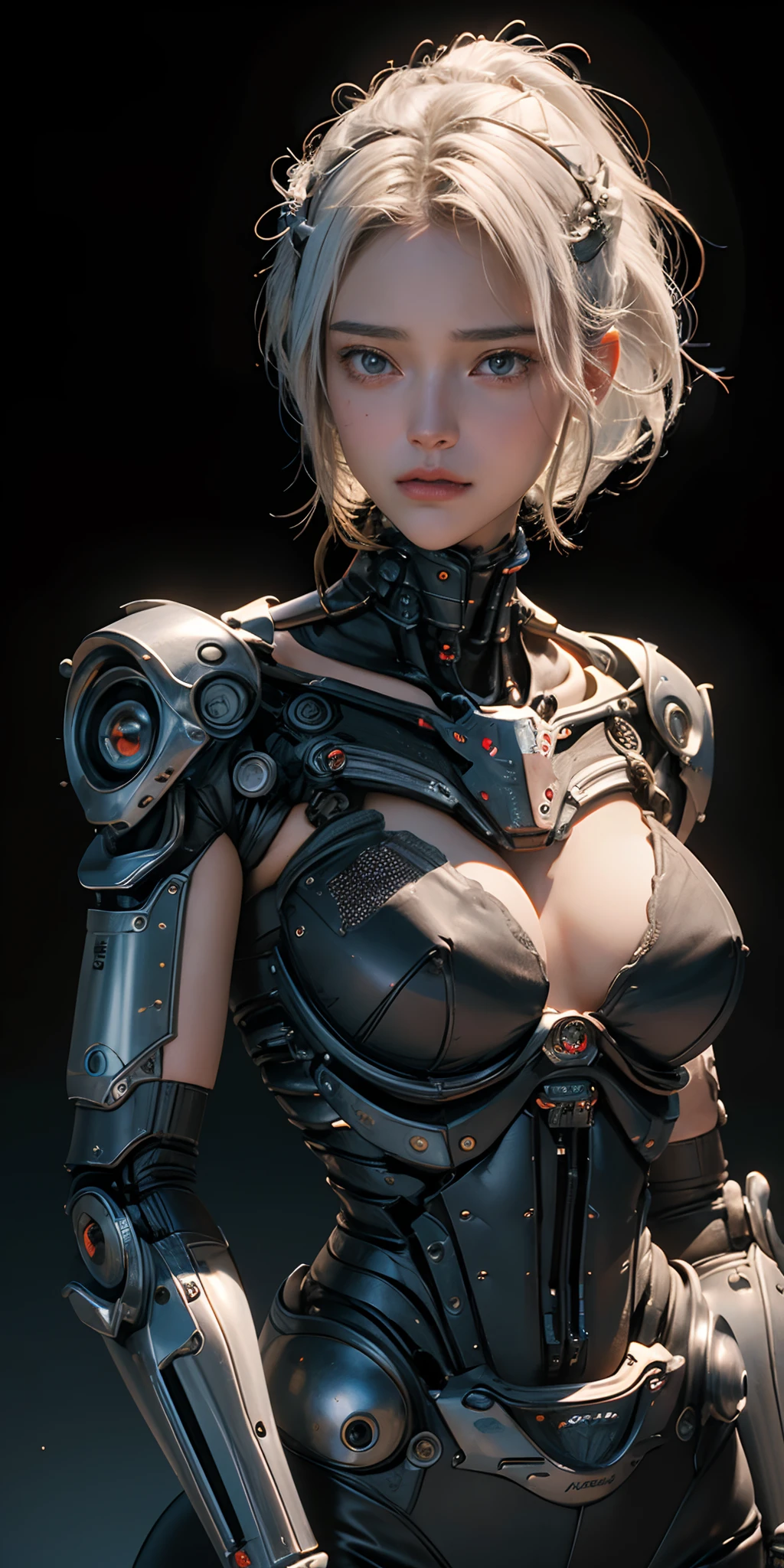 ((, La mejor calidad, 8k, Obra maestra :1.3)), todo el cuerpo, robot (((Obra maestra))), ((La mejor calidad)), (Ultra detallado), (cg illustration), (Un extremadamente tortuoso y hermoso)), cinematiclight, ((1 mechanical girl)), soltero, (Life Made by Machine), ((mechanical limbs)), ((Mechanical cervical vertebrae attached to the neck), (serio), inexpresivo, (Alambres y cables unidos a la cabeza y al cuerpo: 1.5), (Enfoque del personaje), Science-Fiction, El fin de los tiempos.white hair, big tits,luces de neon al estilo synthwave retrofuturista