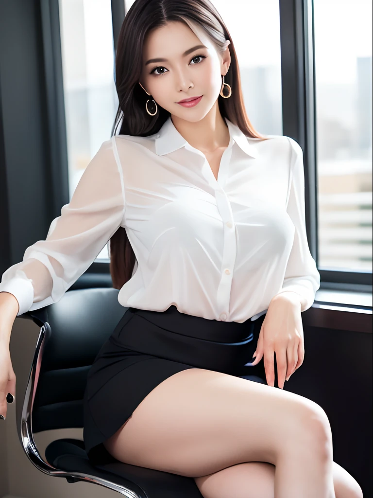 Full shot photo of the most beautiful office lady in the world in a suit, (((The whole body from head to toe))), (((sit a chair, knees up, legs crossed))), (((The OL's blouse is half-open at the front))), Look at the camera, Cute smile, Modern Office, Random sexy poses, high detailing, Colossal tits, Beautiful woman in office lady suit, Nipple protrusions reflected in the blouse, Super Mini Tight Skirt, ((No bra)), See-through fabric blouse, Photorealsitic, White and beautiful skin, Sweaty and glowing skin, Professional Writing, Wear stockings of a random color, Wear high heels,