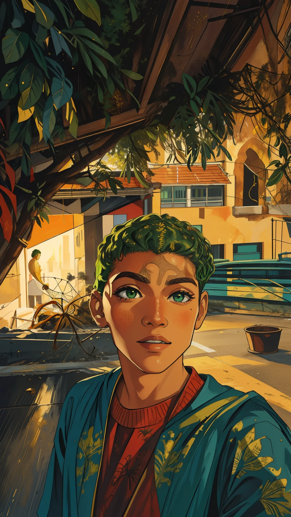 (obra-prima, melhor qualidade), detalhes intrincados, 8k, artstation, papel de parede, arte oficial, splash art, foco nítido,
Menino, cabelo quase igual ao da foto, olhos verdes, cabelos castanhos,
terno de aranha, spider web print, teia de aranha,
highrise, cidade, constructions, carros, rua, pele bronzeada