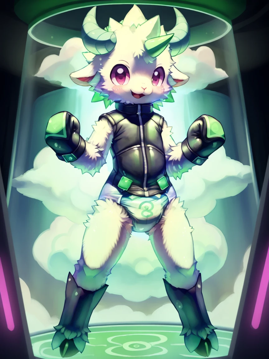 ((by wadorigi on Twitter)(Lamb)), pokemon, kid proportions, cute, adorable , thin thighs, hooves, upper limb hooves, light green fur, emerald horns, green cloud archimodean spiral tornado, wearing soggy messy diaper leotard straitjacket, (leather cube shaped padded fist mitts), leather wrist cuffs, standing, in laboratory