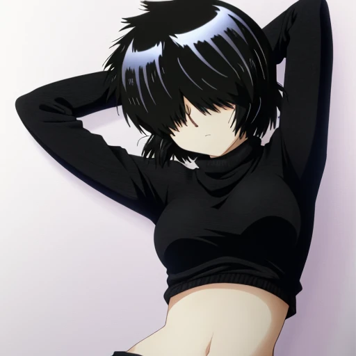 MikotoUrabe,1girl,hair over eyes,black sweater,turtleneck,looking at viewer, contrapposto, spread armpit, arms behind head, solo,