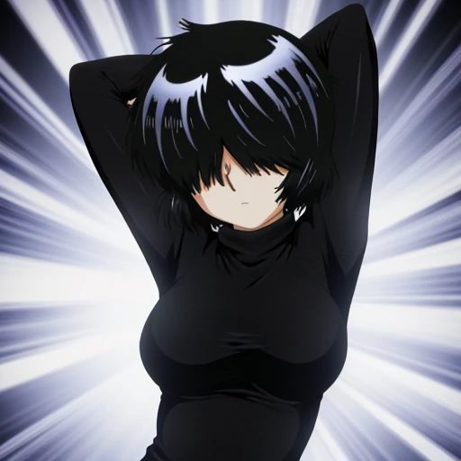 MikotoUrabe,1girl,hair over eyes,black sweater,turtleneck,looking at viewer, contrapposto, spread armpit, arms behind head, solo,