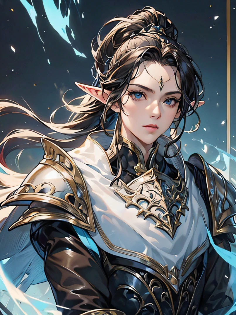 top-quality、ultra-detailliert、Very delicate、lighting like a movie、Unique lighting effects、4/5 shots、Focus from the waist up、Beautiful 40 year old female elf upper body portrait、Environments with complex details、Elegant person、Graceful aura、Elaborate patterns that blend fantasy and modernity、Black cloak of flowing fabric、Richly textured black leather armor and leggings、Delicately carved black plate armor、Bustling medieval cityscape and castle in the background、Mystical atmosphere filled with magical elements、Detailed background depiction、Deep sense of depth、A dark-haired、tall、a small face、well-proportioned figure、Hairstyle Ponytail、Seductive blue eyes、Sharp eyes、hyperdetailed face、A detailed eye、Detailed hand depiction、Detailed foot depiction、Dynamic action、Look at viewers