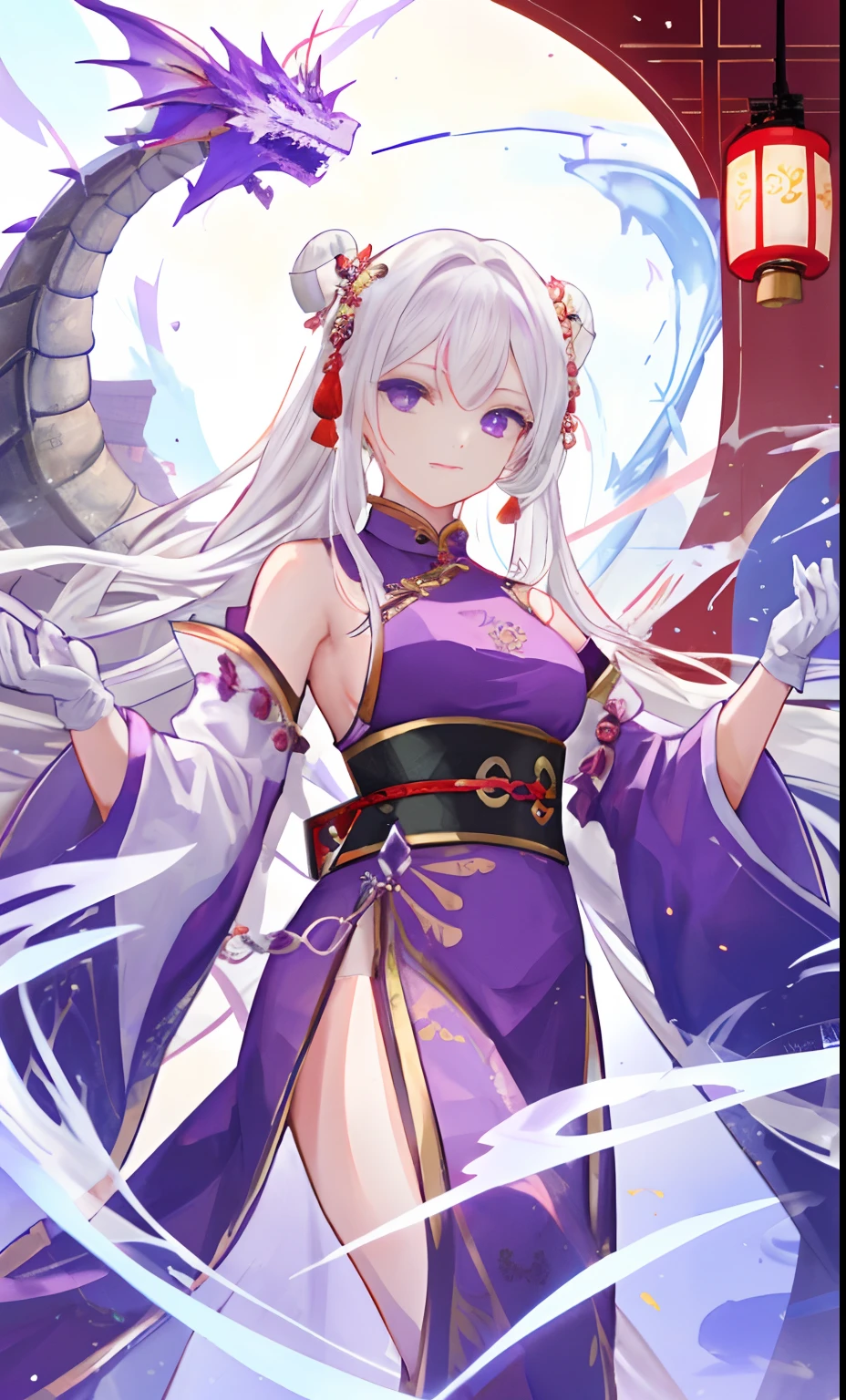 A female queen,Watching the view,,White hair,Wear purple robes,Long white gloves are worn on the elbows(Must be above the elbow),There is a dragon behind him,Chinese Ancient Architecture