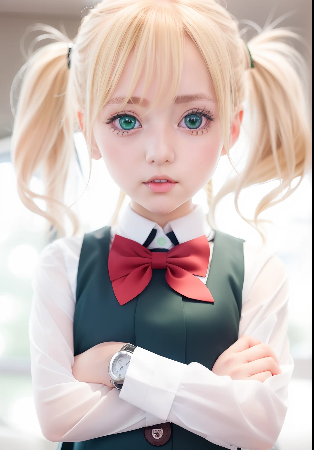 anime girl with blonde hair and green eyes wearing a school uniform, anime moe artstyle, anime visual of a cute girl, kawaii realistic portrait, shikamimi, an anime girl, cute anime face, cute anime girl, gapmoe yandere, cute anime girl portraits, portrait of an anime girl, cute anime girl portrait, anime waifu, young anime girl