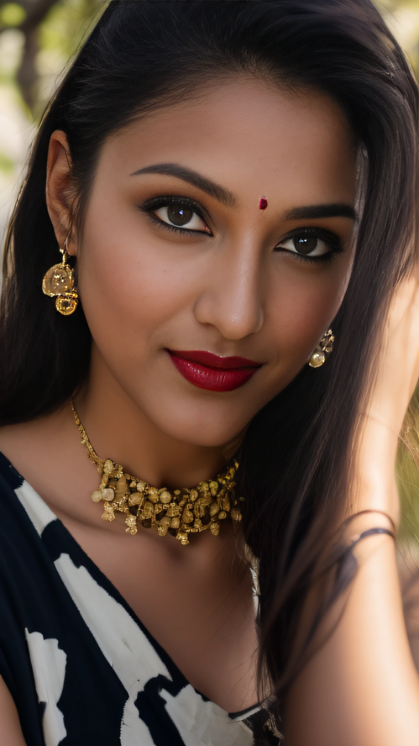 day scene, extreme close up photo of seductive indian model from top view wearing semi yellow top with big breast, big cheeks, red Hollywood lips, squatting near shrub in a garden, hourglass figure, armpits, (blue eyes:1), ponytail, necklace, 30 yo, look at viewer and smile,forest background (cinematic:1.3), intricate details, (ArtStation:1.2)