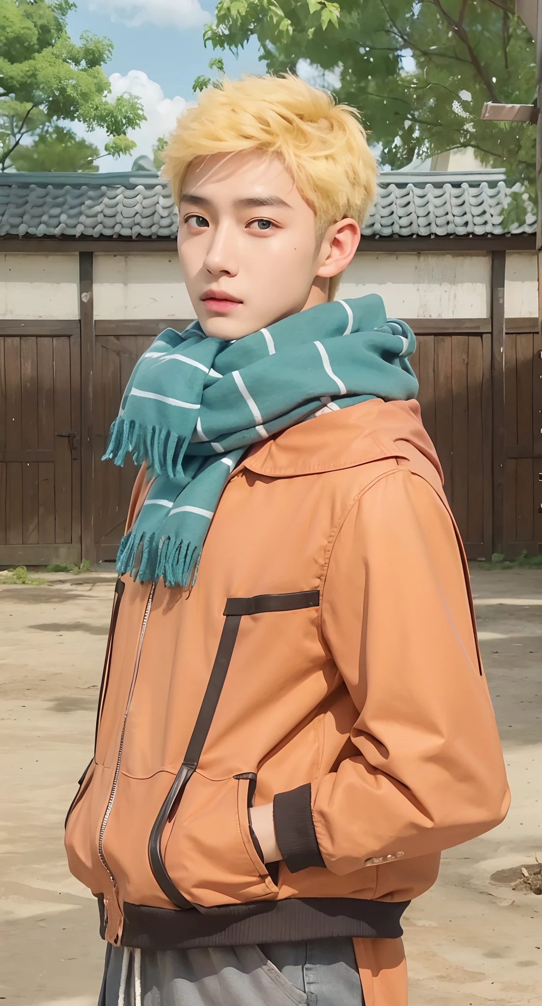 Real life adaption of this character, Korean handsome face,realistic same messy hair , (realistic same outfit), realistic same background , realistic light, realistic shadow, realism, hyper realistic,(photorealistic:1.2), realistic same scarf, dark blue eyes color,normal eyes
