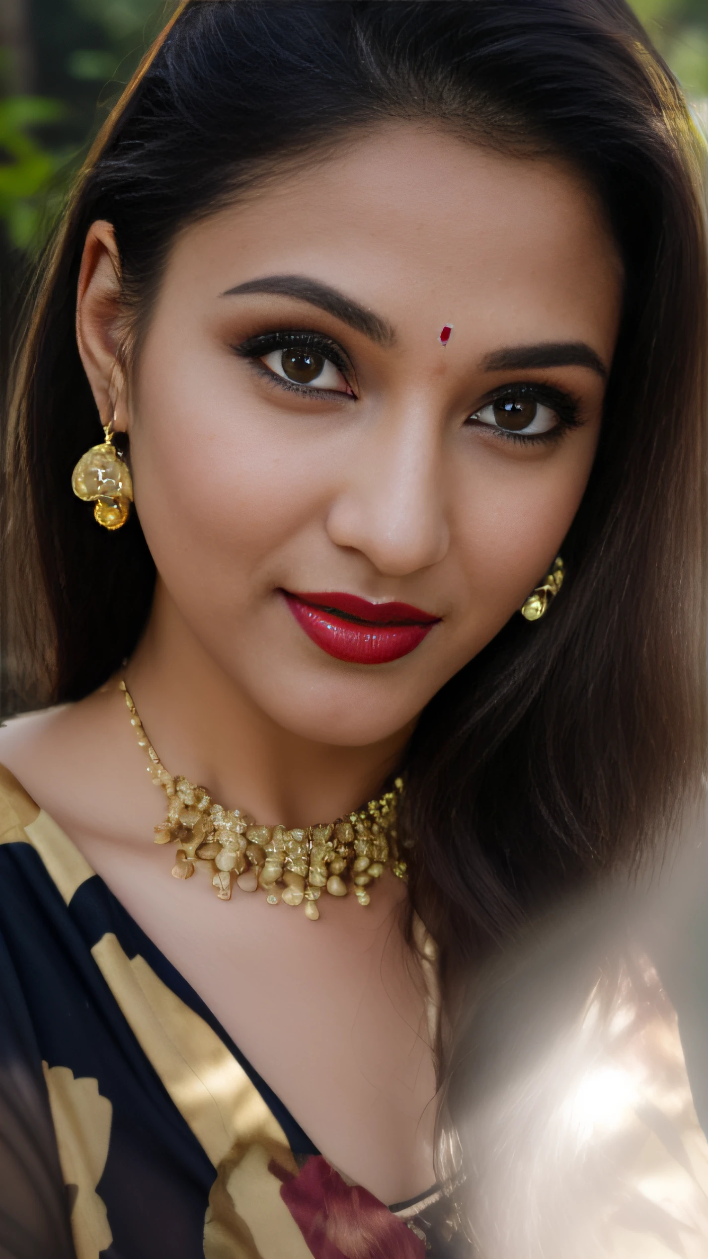 day scene, extreme close up photo of seductive indian model from top view wearing semi yellow top with big breast, big cheeks, red Hollywood lips, squatting near shrub in a garden, hourglass figure, armpits, (blue eyes:1), ponytail, necklace, 30 yo, look at viewer and smile,forest background (cinematic:1.3), intricate details, (ArtStation:1.2)