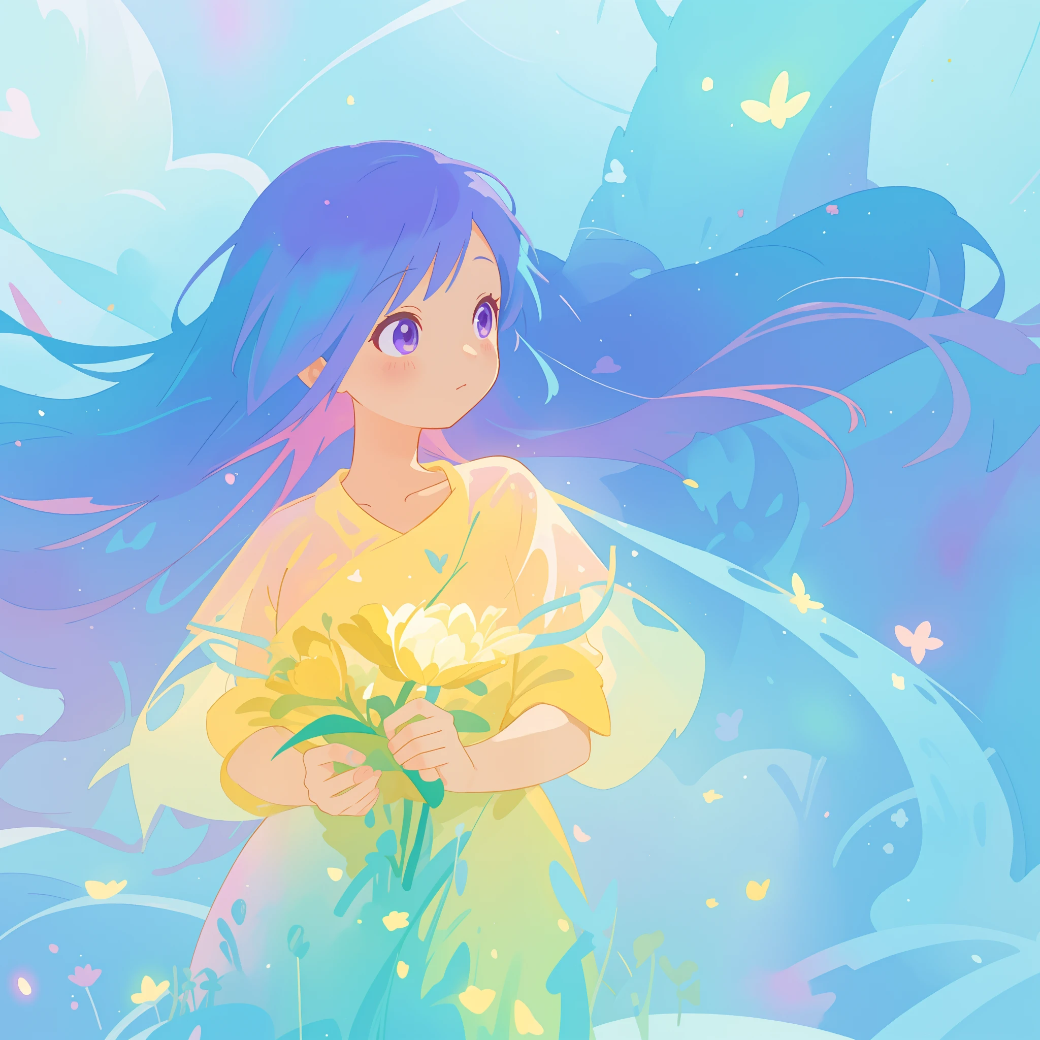 beautiful girl in yellow minut gradient flowing dress, long flowing blue purple pink hair, colorful fantasia background, watercolor illustration, disney art style, glowing aura around her, glowing lights, beautiful digital illustration, fantasia otherworldly landscape plants flowers, beautiful, masterpiece, best quality, anime disney style