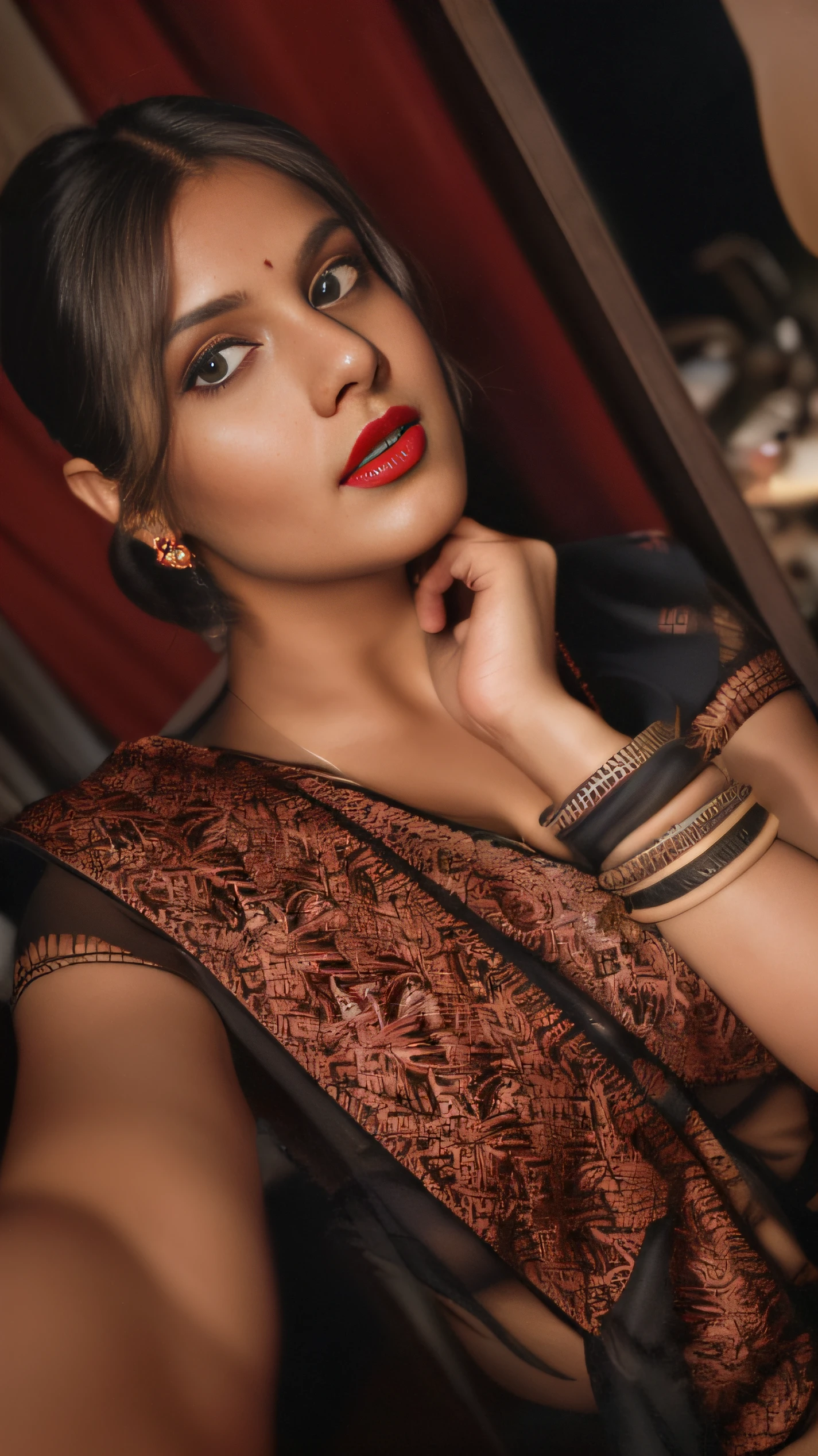 (editorial photograph of a young Indian woman with big boobs red lips)、(((black bra)))、karla ortiz, (highly detailed face:1.4) (smile:0.7) (backround 5 star hotel , moody, private study:1.3) POV, by lee jeffries, nikon d850, film stock photograph ,4 kodak portra 400 ,camera f1.6 lens ,rich colors ,hyper realistic ,lifelike texture, dramatic lighting , cinestill 800, realistic, wearing Black dobby weave self design fit & flare dress Sweetheart neck Short, puff sleeve Tie-up detail on back Above knee length in flounce hem Attached Lining Chiffon fabric, actress, karla ortiz, posing!!, candid picture, by Max Dauthendey