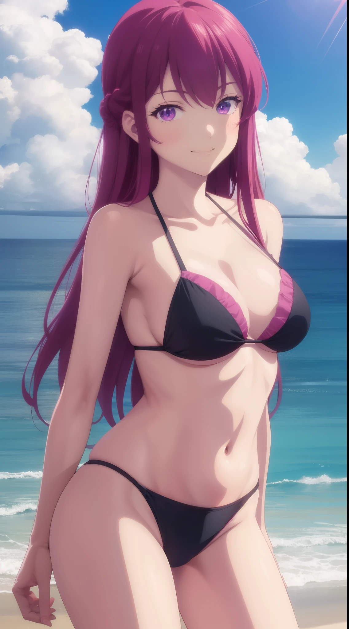 masterpiece, best quality, highres, 1girl, solo, ouka, large breasts, long reddish-pink hair, violet eyes, full body, light smile, black bikini, beach, ocean, standing