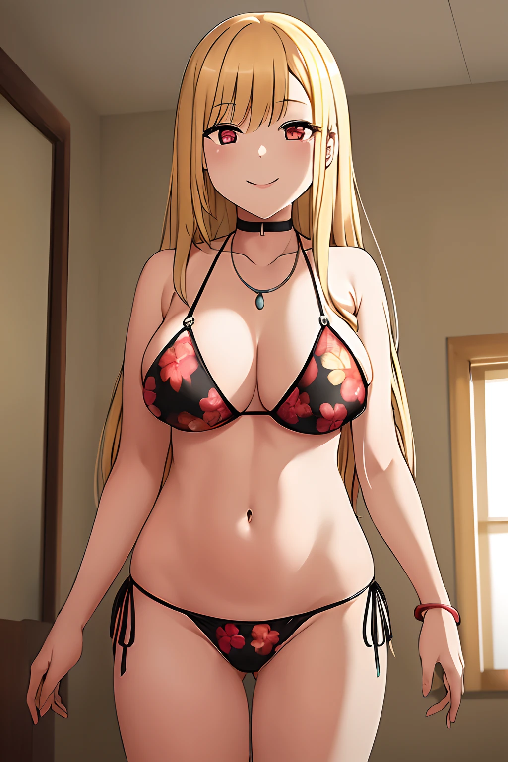 Masterpiece, Best Quality, High Resolutions, Kitagawa Marine, 1girl, blonde hair, Long hair, multicolored hair, red eyes, jewelry, necklace, choker, black bikini, floral print, bracelet, Side Tie Bikini, Cowboy Shot, inside, room, standing, smile, straight, arms at sides, voluptuous breasts, medium hips, wide thighs
