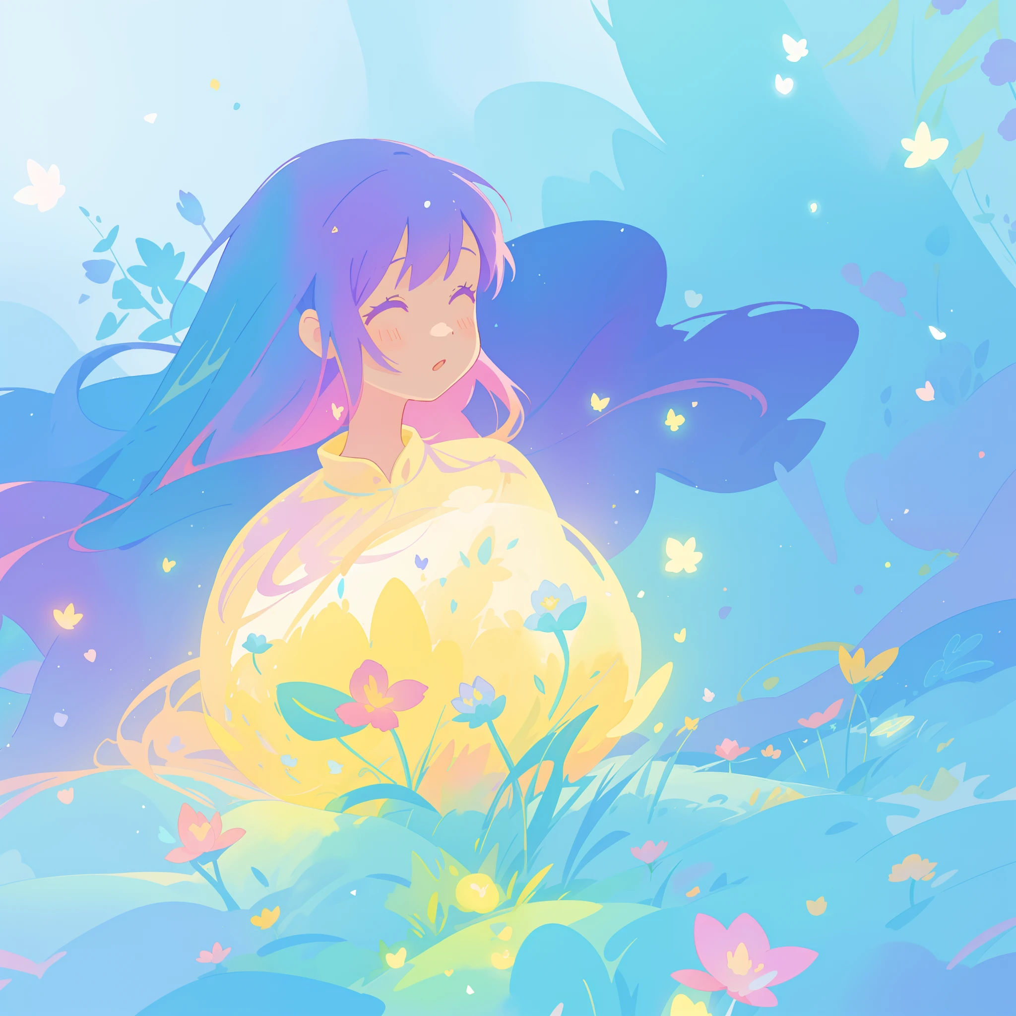 beautiful girl in yellow minut gradient flowing dress, long flowing blue purple pink hair, colorful fantasia background, watercolor illustration, disney art style, glowing aura around her, glowing lights, beautiful digital illustration, fantasia otherworldly landscape plants flowers, beautiful, masterpiece, best quality, anime disney style