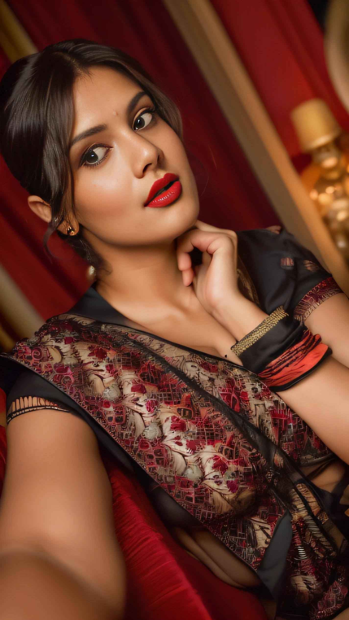 (editorial photograph of a young Indian woman with big boobs red lips)、(((black bra)))、karla ortiz, (highly detailed face:1.4) (smile:0.7) (backround 5 star hotel , moody, private study:1.3) POV, by lee jeffries, nikon d850, film stock photograph ,4 kodak portra 400 ,camera f1.6 lens ,rich colors ,hyper realistic ,lifelike texture, dramatic lighting , cinestill 800, realistic, wearing Black dobby weave self design fit & flare dress Sweetheart neck Short, puff sleeve Tie-up detail on back Above knee length in flounce hem Attached Lining Chiffon fabric, actress, karla ortiz, posing!!, candid picture, by Max Dauthendey