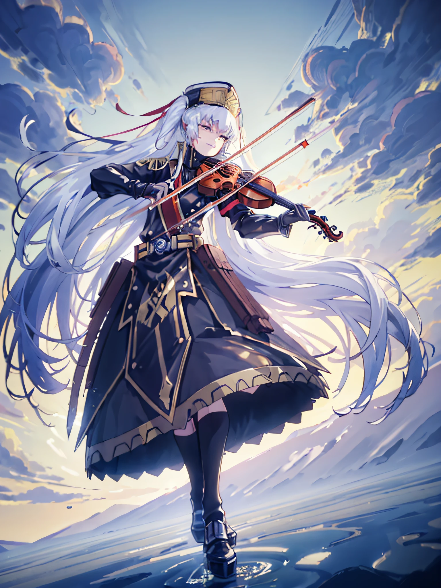 Altair, (((playing the violin with a blade))), his face expresses a lot of anger, hair tied to the sides, long hair in movement, the bottom part of his clothes in movement, floating in the air, full body, {wallpaper of extremely detailed 16k CG unit}, expansive landscape photography, (a low view with focus on the character and setting), (wide open field view), (low angle shot), (high light: 1.5), (low light: 1.3), (warm light source: 1.4), intricate details, (iridescent colors: 1.5), (bright lighting), (atmospheric lighting), dreamy, unique, badass