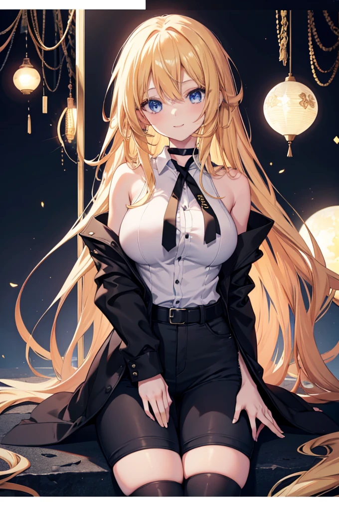 1girl, anime girl, golden hair, blue sapphire eyes, very long hair, perfect body, mature woman, mature look, mature appearance, mature body, big breasts, high quality, kind smile, serene smile, black cardigan, white shirt, black short jeans, long black stockings, black choker, masterpiece, 4k wallpaper, militar clothing