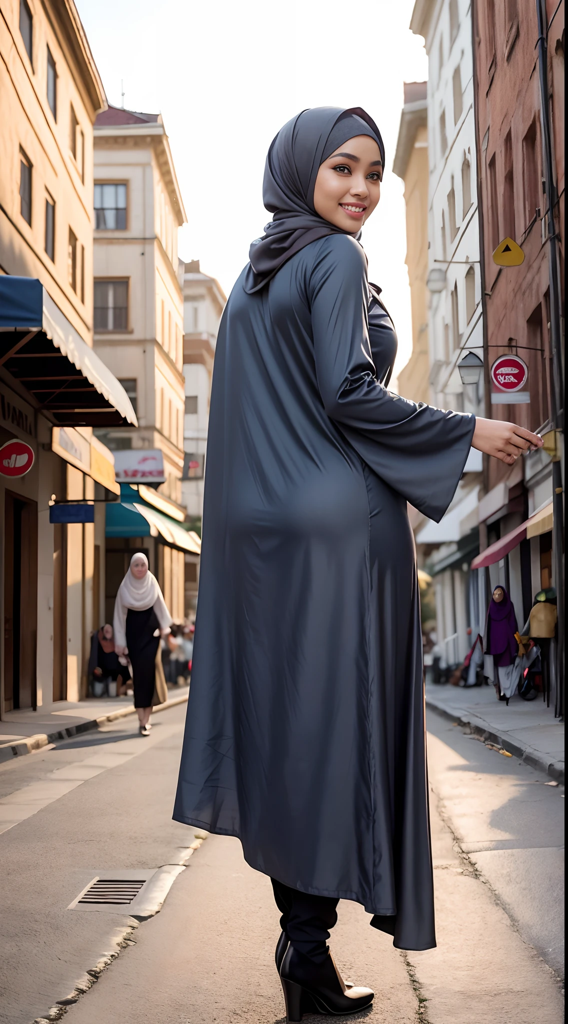 RAW, Best quality, high resolution, masterpiece: 1.3), Beautiful Malay woman in hijab (iu:0.8), wearing gamis, abaya, long gray turtle neck, flowing shawl, walking on a country road in the morning, catwalk, smiling at the audience , (big breasts),((full body)),close-up,, back view, skin details, big sagging buttocks, big thighs, slim belly, beautiful body, morning, smiling, happy, bright lighting, street background, bgarden, blurry background, bokeh,